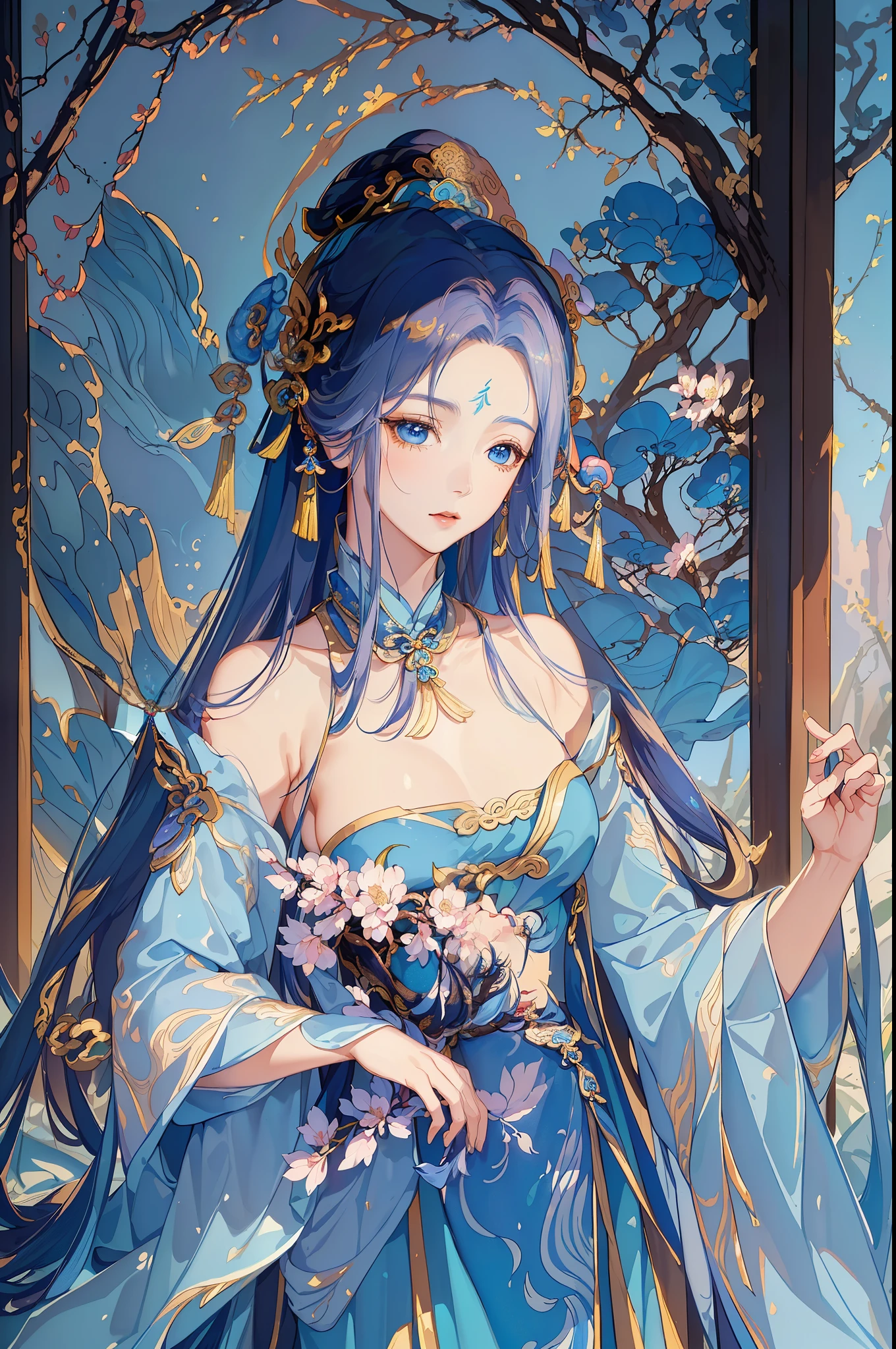 Franco-German image of a woman in a blue dress, beautiful fantasy queen, palace , A girl wearing Hanfu, ((Beautiful fantasy emperor body fairy, Inspired by Lan Ying, Inspired by Qiu Ying, Inspired by Ma Yuanyu, Inspired by Tang Yifen, Inspired by Li Meihu, Inspired by Zhao Yuan
