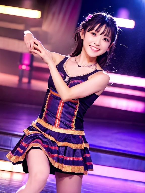 master piece、Ultra high resolution photo quality、cinematic camera work、Video of the entire stage、long shot、modern japanese strip theater、wide stage、wide seat、Mayu Minami、Mature、Big cute droopy eyes、familiarity、very beautiful Japanese female dancer、athlete、very sexy、Very long and beautiful strong arms and legs and beautiful abs、Fair skin、Her fine skin is very beautiful、Sweat、beautiful bright smile、healthy、kind、Noble、refinement、kind、mild、raise one leg、active pose、yoga、gorgeous beautiful dress、Beautiful stage costumes、Dramatic and gorgeous beautiful lighting、Spotlight、Laser beam、smoke effect、clear acoustics、round table stage、body chain、