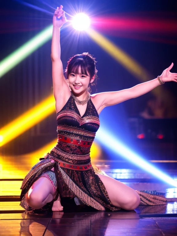 master piece、Ultra high resolution photo quality、cinematic camera work、Video of the entire stage、long shot、Looks like a whole body、modern japanese strip theater、wide stage、wide seat,very beautiful Japanese female dancer、athlete、very sexy、Very long and beautiful strong arms and beautiful abs、Her fine skin is very beautiful、Sweaty beautiful bright smile、healthy、kind、Noble、refinement、warmth、raise one leg、active pose、yoga、gorgeous beautiful dress beautiful stage costume、Dramatic and gorgeous beautiful lighting、Spotlight、Laser beam、smoke effect、clear acoustics、round table stage、body chain、