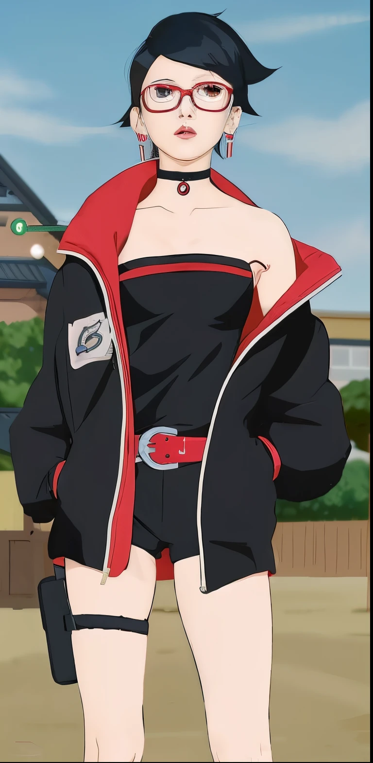 a cartoon of a woman in a black outfit and red jacket, sakura haruno in slug sage mode, akatsuki akira, style of red line anime movie, haruno sakura, sakura haruno, pin on anime, full body black and red longcoat, ryuko matoi, anime style”, asuka suit under clothes!