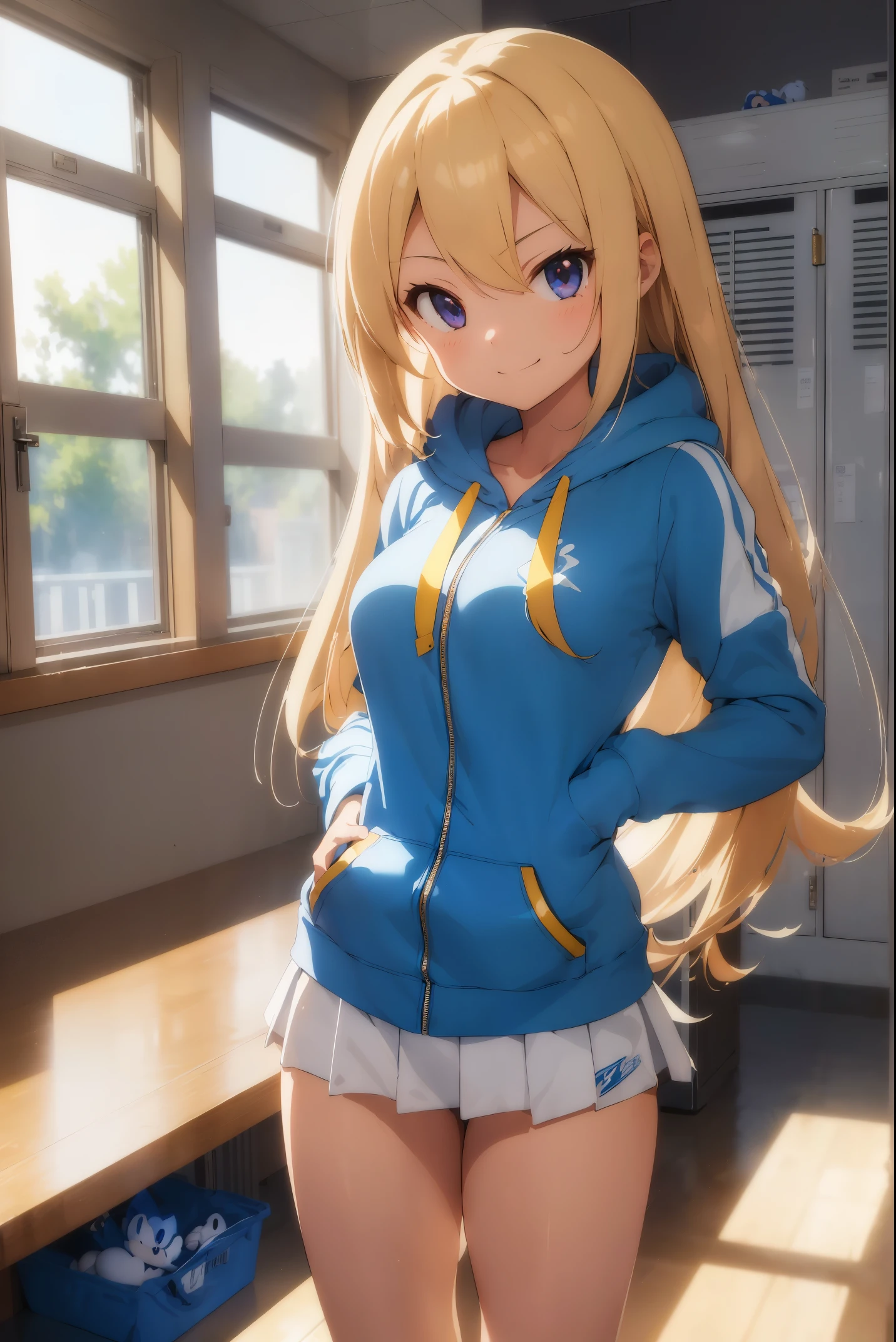 (masterpiece:1.2, best quality), (highly detailed), gym locker room, 1girl, girl, , long legs, long hair, blonde, (white pantielue sonic the hedgehog hoodie)), standing, smile, Original Character, Volumetric Lighting, Best Shadows, Shallow Depth of Field, (Highest Quality, Amazing Details:1.25), Brilliant Colorful Paintings