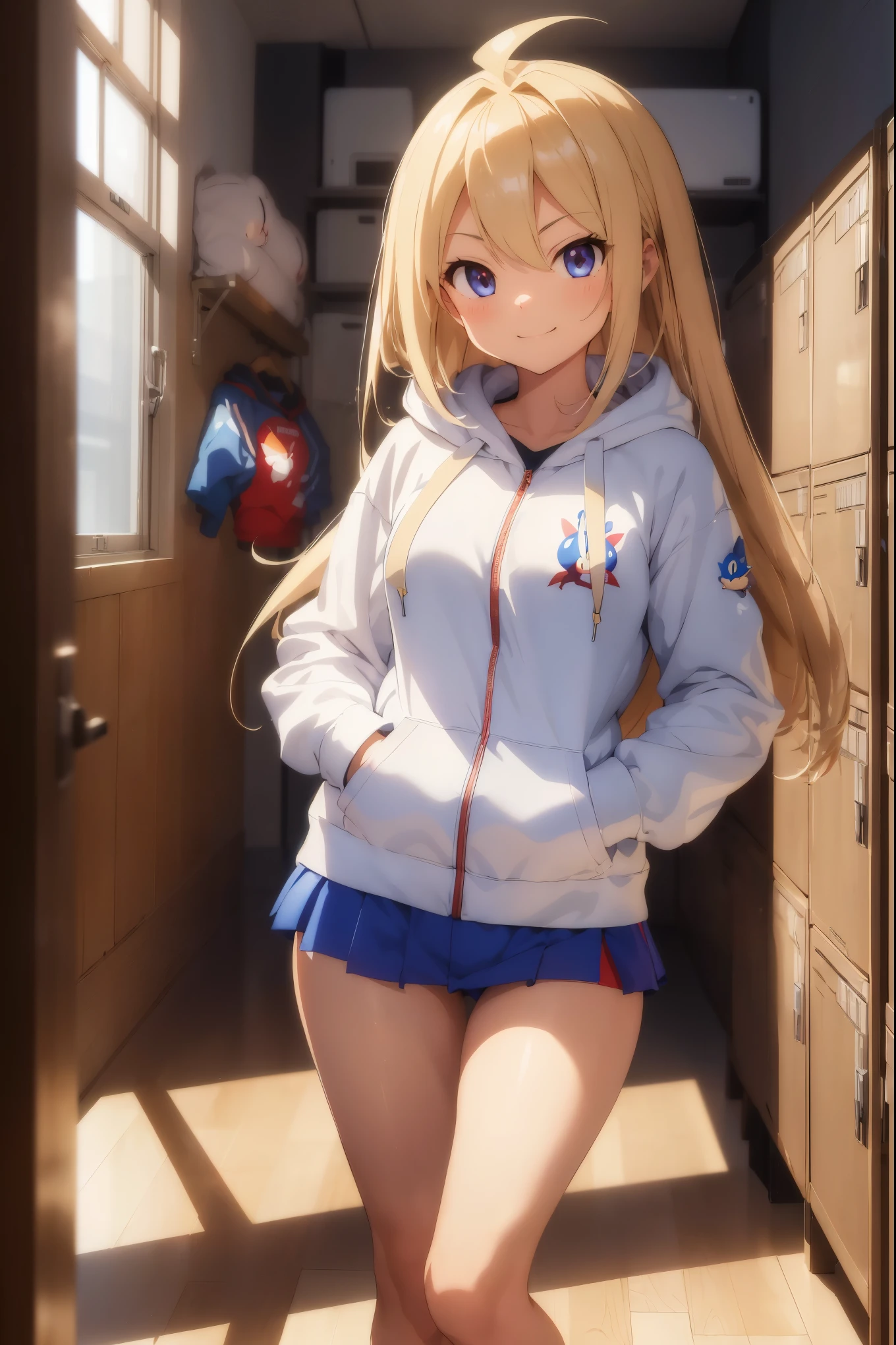 (masterpiece:1.2, best quality), (highly detailed), gym locker room, 1girl,  girl, , long legs, long hair, blonde, (white pantielue sonic the hedgehog hoodie)), standing, smile, Original Character, Volumetric Lighting, Best Shadows, Shallow Depth of Field, (Highest Quality, Amazing Details:1.25), Brilliant Colorful Paintings