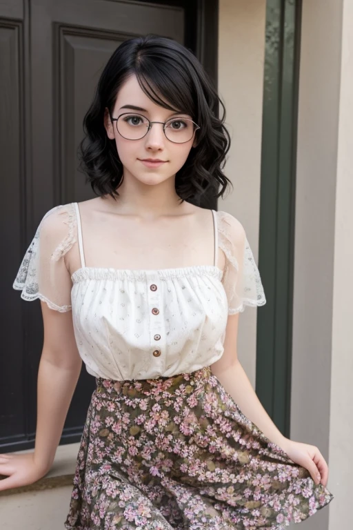 Beautiful teenage girl, short wavy black hair, rough pale skin, freckles, nerd, nerdy, goth, round glasses, floral dress, short skirt, blushing, thick eyeliner, best quality, beautiful face, playful