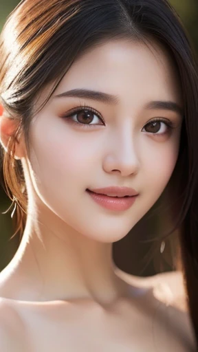 1girl, Extremely cute, amazing face and eyes, (extremely detailed beautiful face), (Ultra realistic), (highly detailed eyes, highly detailed hair, highly detailed face, highly detailed plump lips), naked, (off shoulder), breasts, upper body, caute smile, (best quality:1.4), Raw photo, (realistic, photo-realistic:1.37), professional photography, cinematic light,