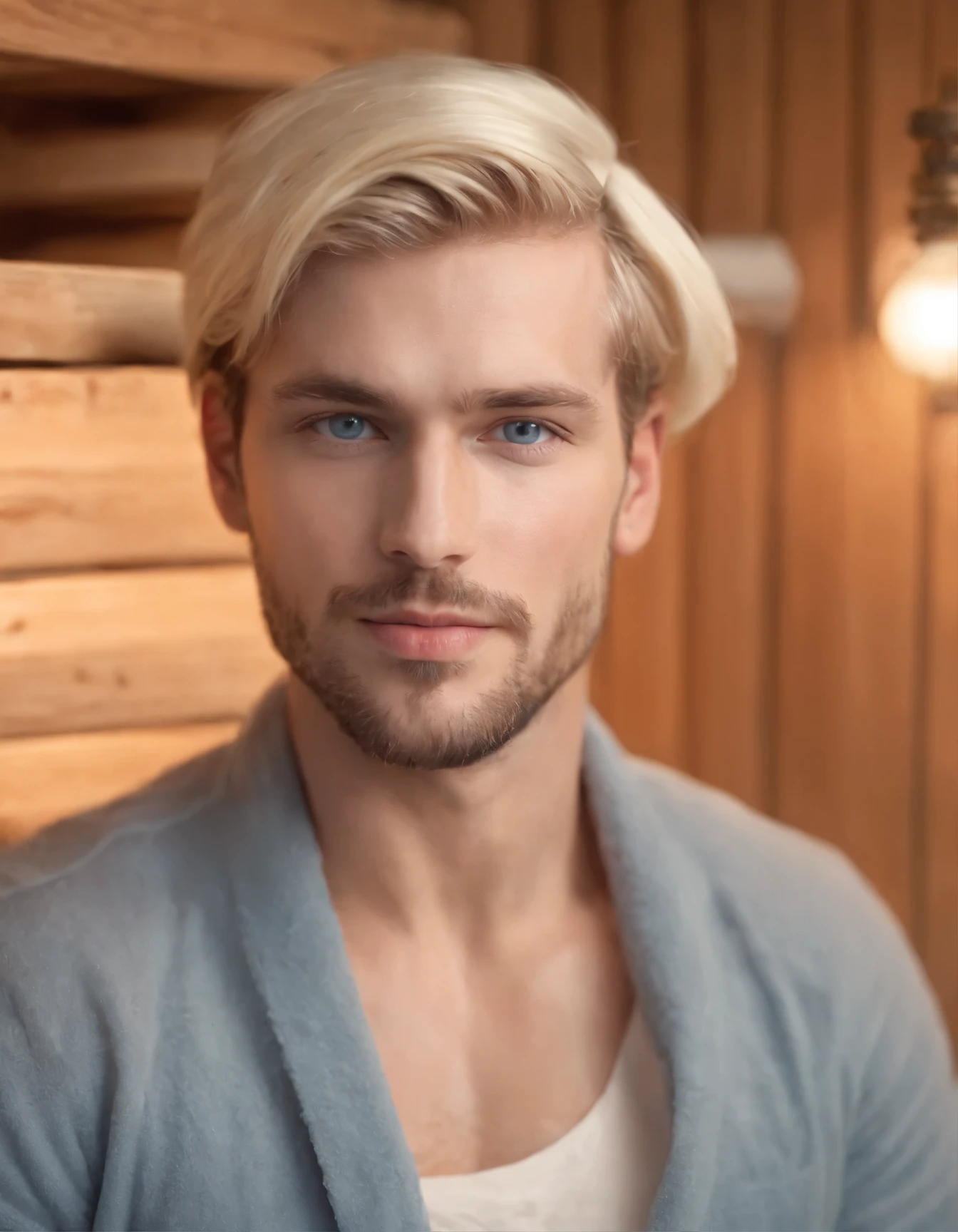 photo of gorgeous handsome australian man, blue eyes, light beard,short messy hair style light blonde, flip the hair, Close-up in a tightly cropped portrait, decline (indoor sauna:1.2) please wear(put a sauna hat on your head:1.3) (gold lighting:1.2) Foreground object background detail masterpiece:1.2) (realistic:1.2) (Bokeh:1.2) (highest quality) (fine skin:1.3) (Complex) (8K) (HDR) (lighting movie:1.3) (sharp focus)