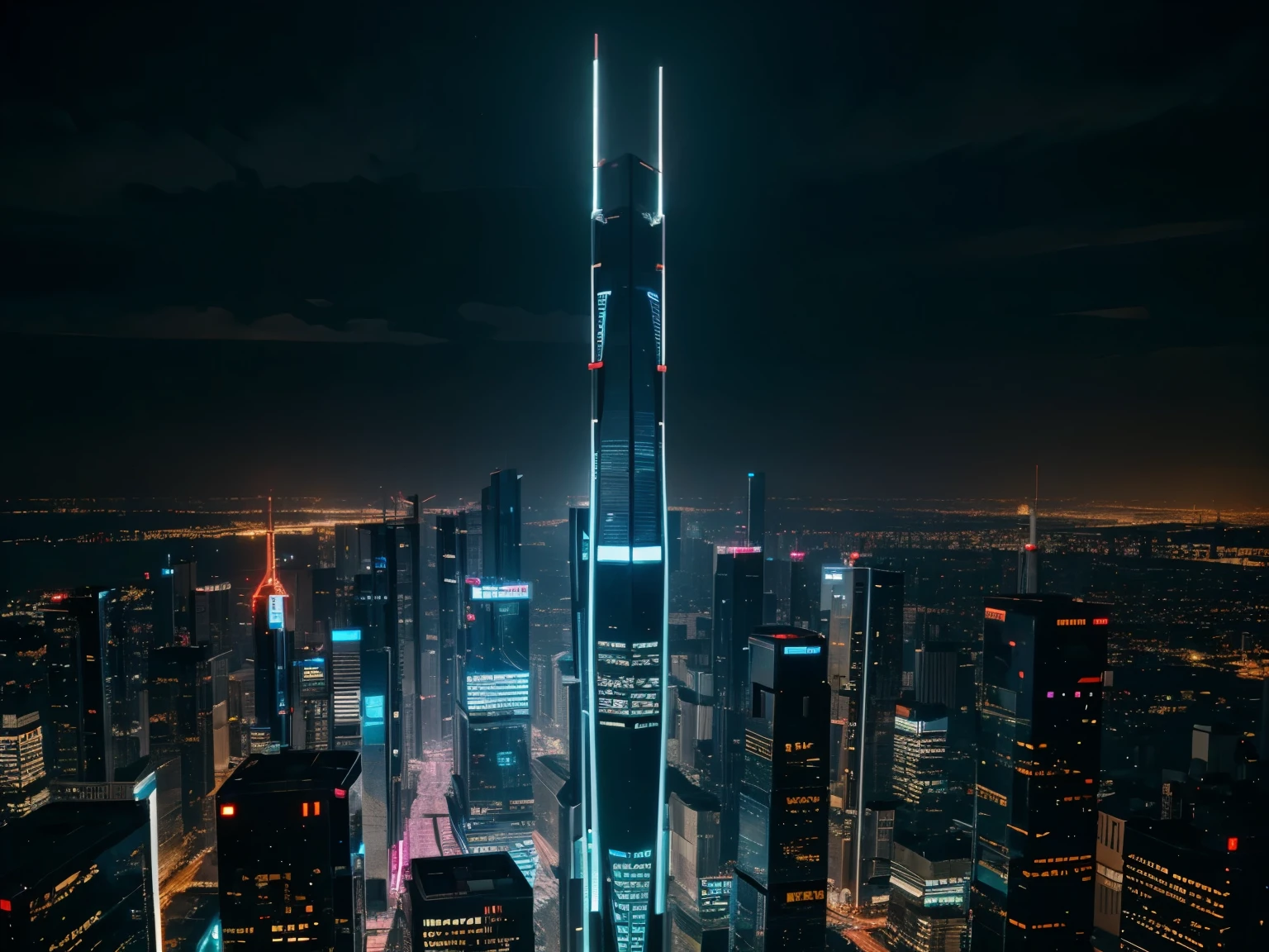 futuristic building, cyberpunk, tallest building, sky view, neon light from building, night time, 8k quality, masterpiece, no one