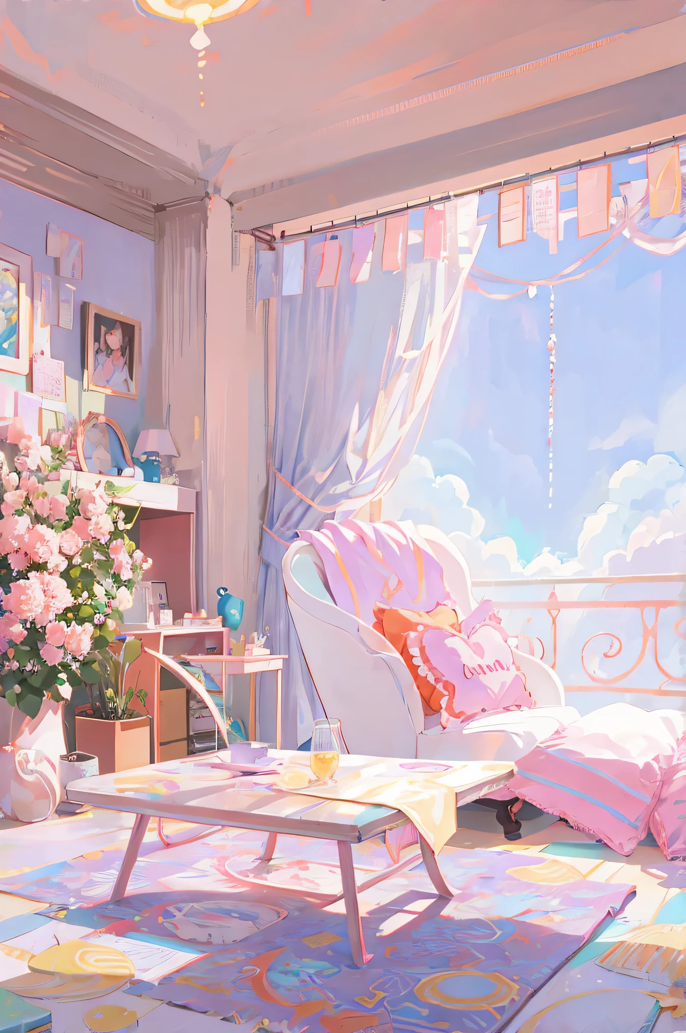 There a room with a table, Chair, and a birdcage, palace background, Fairy tale style background, Highly detailed scenes, personal room background, Dreamy and detailed, anime background art, anime background, Beautiful fairy tale rendering, Anime beautiful peaceful scene, Colorful anime movie background, beautiful anime scene, Dream aesthetics, Relaxation concept art, anime aesthetics, bedroom background