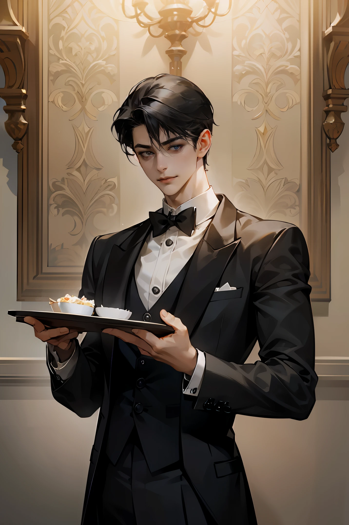 (1boy, handsome male, perfect male body), High quality, Best Quality, ultra-detailliert, dynamicpose, Portraits, smiling, black hair, short hair, (Butler, butler uniform, black tuxedo, holding tray in hands),Standing in a luxurious room, Ray tracing, dramatic shadows, Highly detailed fine art, Detailed Metal Jewelry, dramatic compositions, Cinematic lighting, finely detailed beautiful eyes and detailed face, delicate portrayal of facial features,Highly detailed fine art