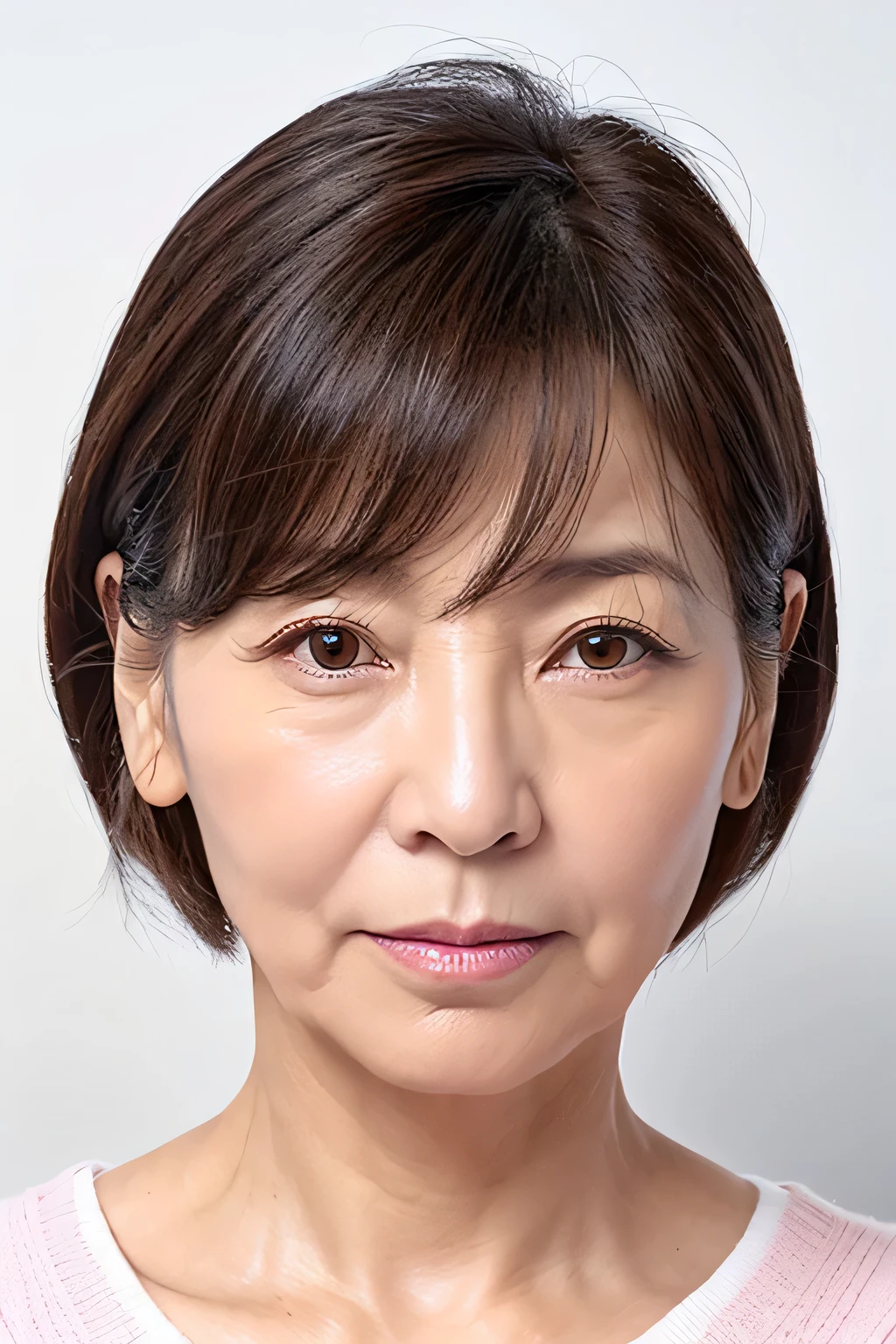 Japanese female, 55 years old, close-up of face, wrinkles at the corner of eyes, double folds, used to be an idol, cute, has bangs, short bob, troubled face, lowered eyebrows, full tear pouch, pink lips, pink blush