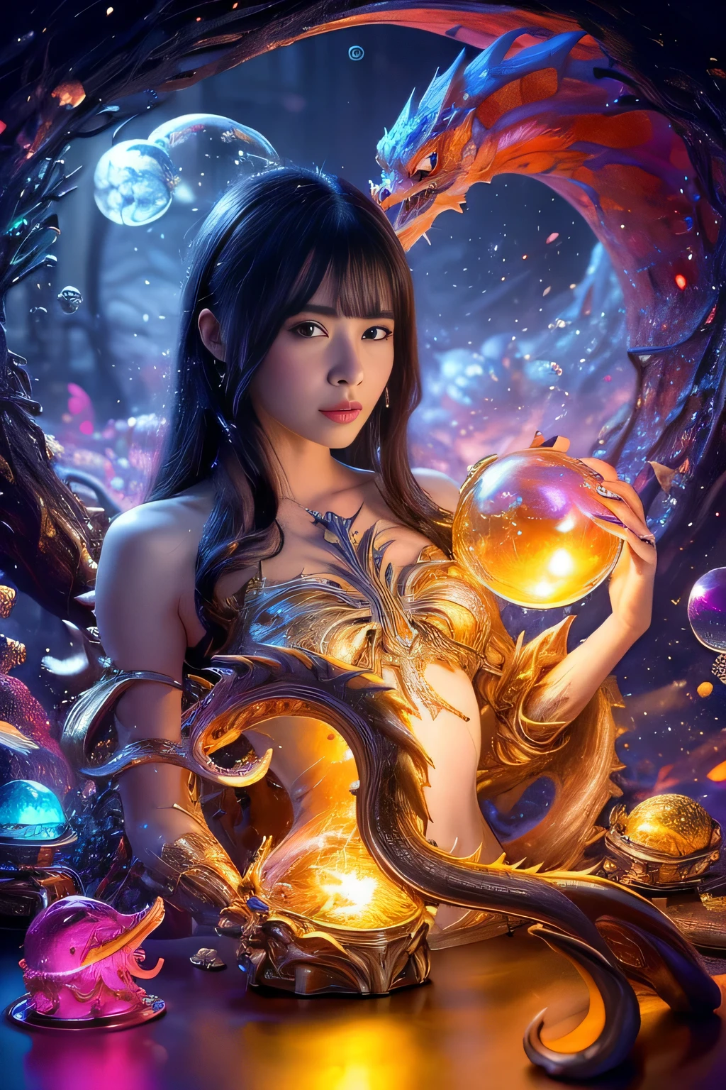 (((Dream world)))、((best quality))、((master piece))、((super resolution imaging))、detail、GdClth、(photo realism:1.4)、((surreal realism))、(((dream-like)))、((beautiful goddess))、((accurate anatomy))、((Phoenix))、((Peacock))、((moon))、(((rain)))、((thunder))、(((lightning)))、(((Bubble)))、(((Soap bubble)))、((nautilus))、((fish betta))、(((fantasy creation))) ,(((biopunk nautilus))),(((thrilling color scheme))),(((surreal realism))),(((abstraction))),(((psychedelia))),(((A swirling image))), (((フラクタルアートのBubble))), (cowboy shot, wide shot,)、