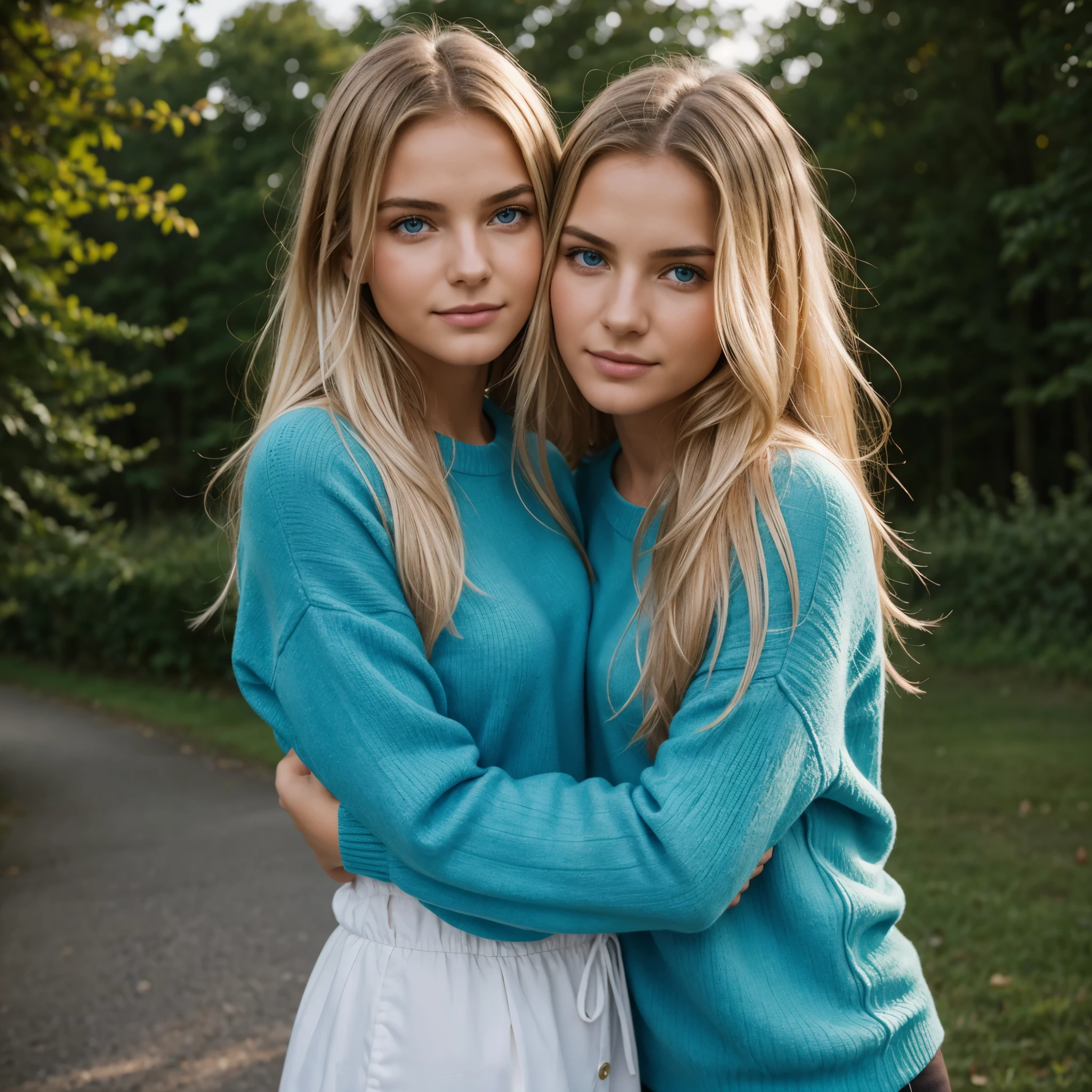 Ultra Gesicht Nahaufnahme, Schriftseite nach oben, 2Girls 18 years old, hugging, lange Haare, schauen sich gegenseitig in die Augen, blondes Haar, blaue Augen, Schulterfrei, pullover, volle Lippen, Realistisch, Flirten miteinander, Nahaufnahme, Realismus, Detaillierte Augen, Hautunreinheiten, feine kleine Sommersprossen, natural skin, ohne Reflexion und Schatten im Gesicht, ohne Blendung, Ultra hohe Gesichtstextur, Farben, Realismus, 8K, Of course, Hyperdetailliertes Foto, fotoRealistisch, Foto, .RAW, Modellierung, Girl Model, Epische Werbung, Filmische Aufnahme, filmisch, handsome face, hot, sexy, keine Falten, (Blond 1.0, full body standing,