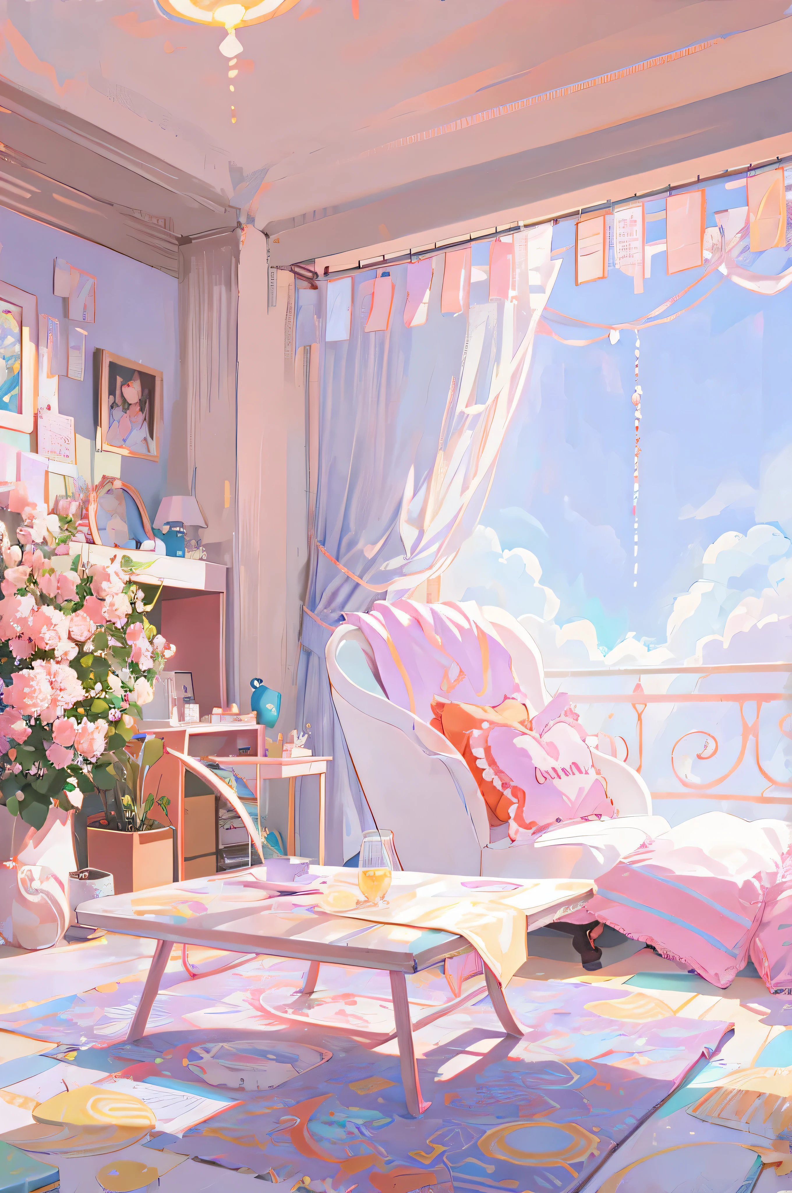 There  a room with a table, Chair, and a birdcage, palace background, Fairy tale style background, Highly detailed scenes, personal room background, Dreamy and detailed, anime background art, anime background, Beautiful fairy tale rendering, Anime beautiful peaceful scene, Colorful anime movie background, beautiful anime scene, Dream aesthetics, Relaxation concept art, anime aesthetics, bedroom background