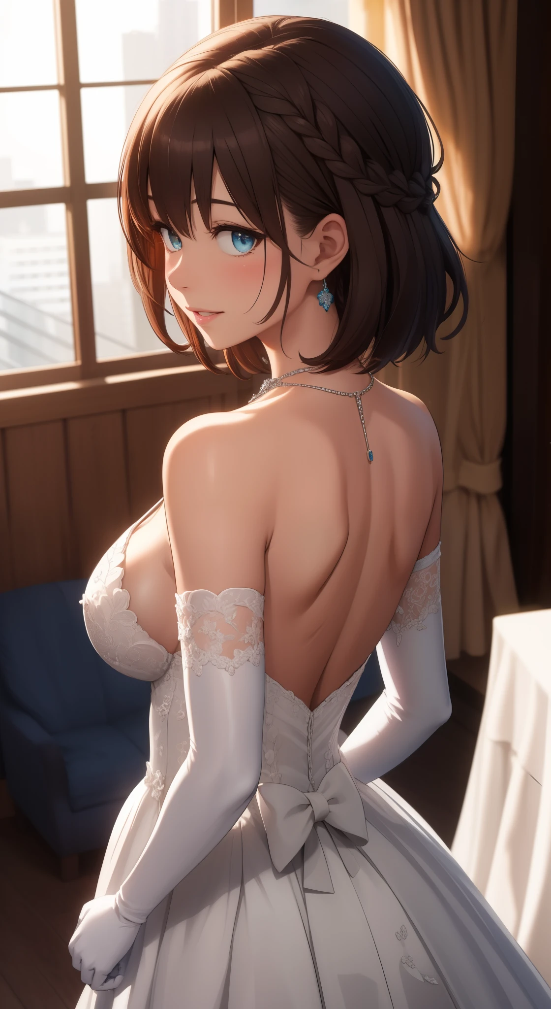 masterpiece, best quality, highly detailed, ultra high res, aichan, large breasts, 1girl, solo, blue eyes, short brown hair, braid, glossy lips, collarbone, wedding dress, elbow gloves, necklace, (light smile:0.8), view from behind