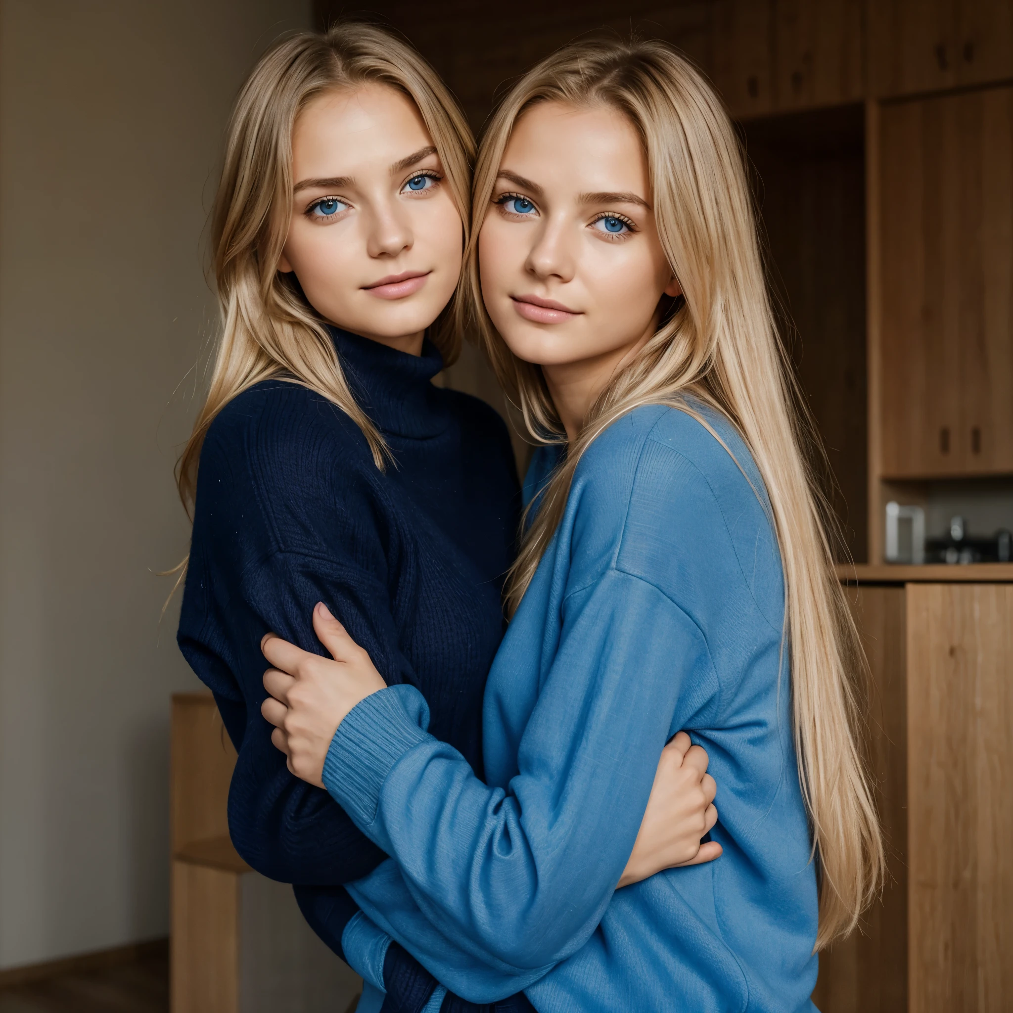 Ultra Gesicht Nahaufnahme, Schriftseite nach oben, 2Girls 18 years old, hugging, lange Haare, schauen sich gegenseitig in die Augen, blondes Haar, blaue Augen, Schulterfrei, pullover, volle Lippen, Realistisch, Flirten miteinander, Nahaufnahme, Realismus, Detaillierte Augen, Hautunreinheiten, feine kleine Sommersprossen, natural skin, ohne Reflexion und Schatten im Gesicht, ohne Blendung, Ultra hohe Gesichtstextur, Farben, Realismus, 8K, Of course, Hyperdetailliertes Foto, fotoRealistisch, Foto, .RAW, Modellierung, Girl Model, Epische Werbung, Filmische Aufnahme, filmisch, handsome face, hot, sexy, keine Falten, (Blond 1.0, full standing,