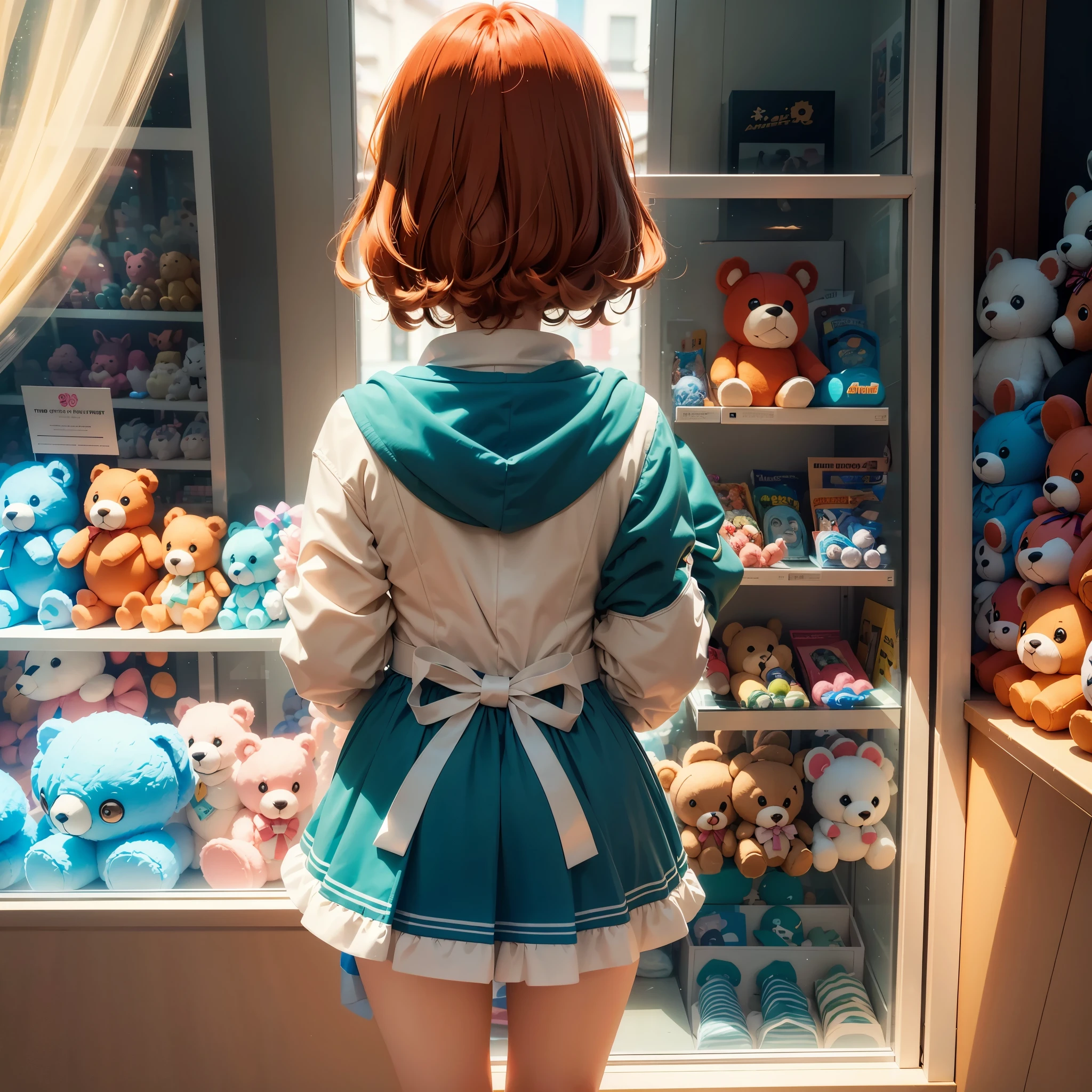 (8K, Live shooting, best quality, muste piece: 1.2), High-definition RAW color photo, professional photography, cinematic light, ((1 baby girl)), solo, (reddish brown hair), ((back view)), anime girl, anime moe art style, blue sailor suit, red ribbon, (A girl stands in front of a showcase lined with stuffed animals outside a toy store.), ( Portrait:1.1), (Super detailed, detailed eyes, detailed lips), (beautiful girl, happy expression), (colorful toys, cute and fluffy), (playful atmosphere), (street background, sunny day), (attractive pose), (Looking up, upward glance), (Looking down perspective, Camera work from above:1.5), (captivating gaze), Stick to the show window, upward glance, (((toy show window, stuffed animals lined up:1.3, window display:1.2))), Decorating presents, (Toy store scenery), (ショーウィンドウを眺めるback view:1.9)、(Looking Up Pose:1.2 ), 美しくて魅力的なanime girl, (realistic, フォトrealistic, フォトrealistic:1.37), An illustration, warm colors, sharp focus, soft lighting，