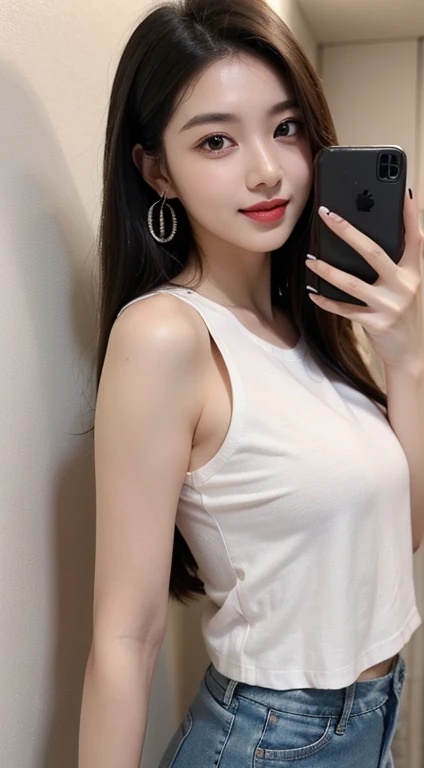 realistic, high resolution, 8k wallpapers, Complete dynamic configuration, beautiful detailed eyes, normal sized eyes, long straight hair, gray colored hair, vibrant lips, big bust, Random and plain generic poses, random case, White skinny t-shirt showing nipples and breasts, skinny jeans, breast swelling, smile, 35 years old, Korean woman, (drooping eyes 1.2), The ends of the eyebrows droop slightly, very beautiful appearance, natural makeup, A photo showing the entire body, beautiful body, chanel earrings, chanel bag, Selfie