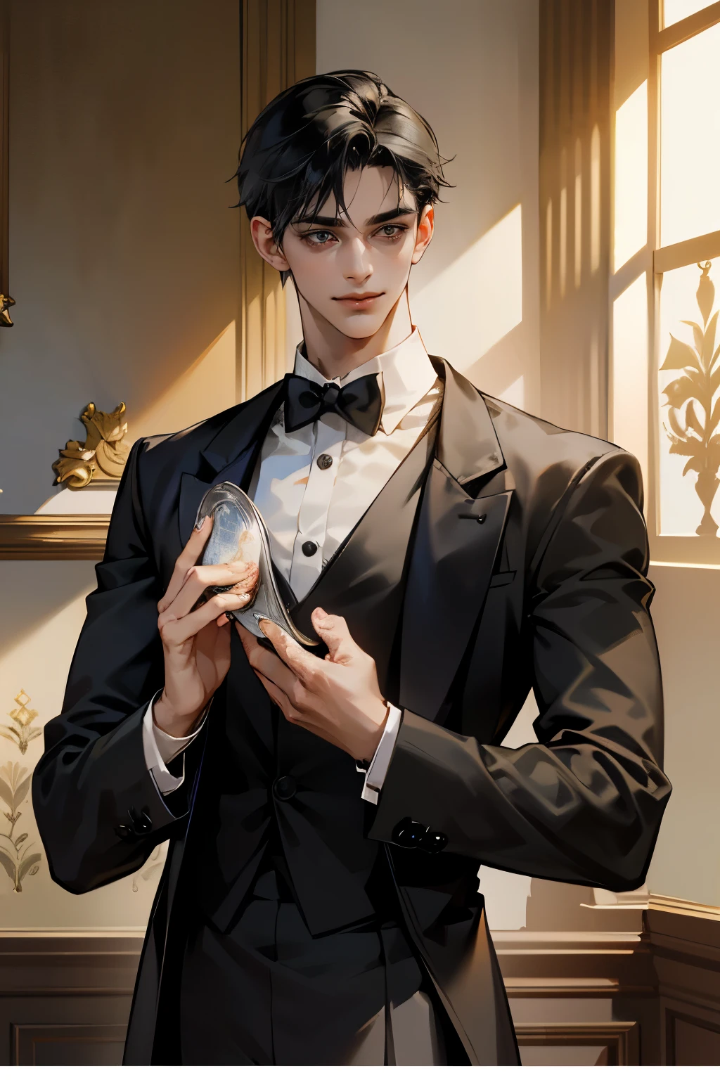 (1boy, handsome male, perfect male body), High quality, Best Quality, ultra-detailliert, dynamicpose, Portraits, smiling, black hair, short hair, (Butler, butler uniform, black tuxedo, holding tray in hands),Standing in a luxurious room, Ray tracing, dramatic shadows, Highly detailed fine art, Detailed Metal Jewelry, dramatic compositions, Cinematic lighting, finely detailed beautiful eyes and detailed face, delicate portrayal of facial features,Highly detailed fine art