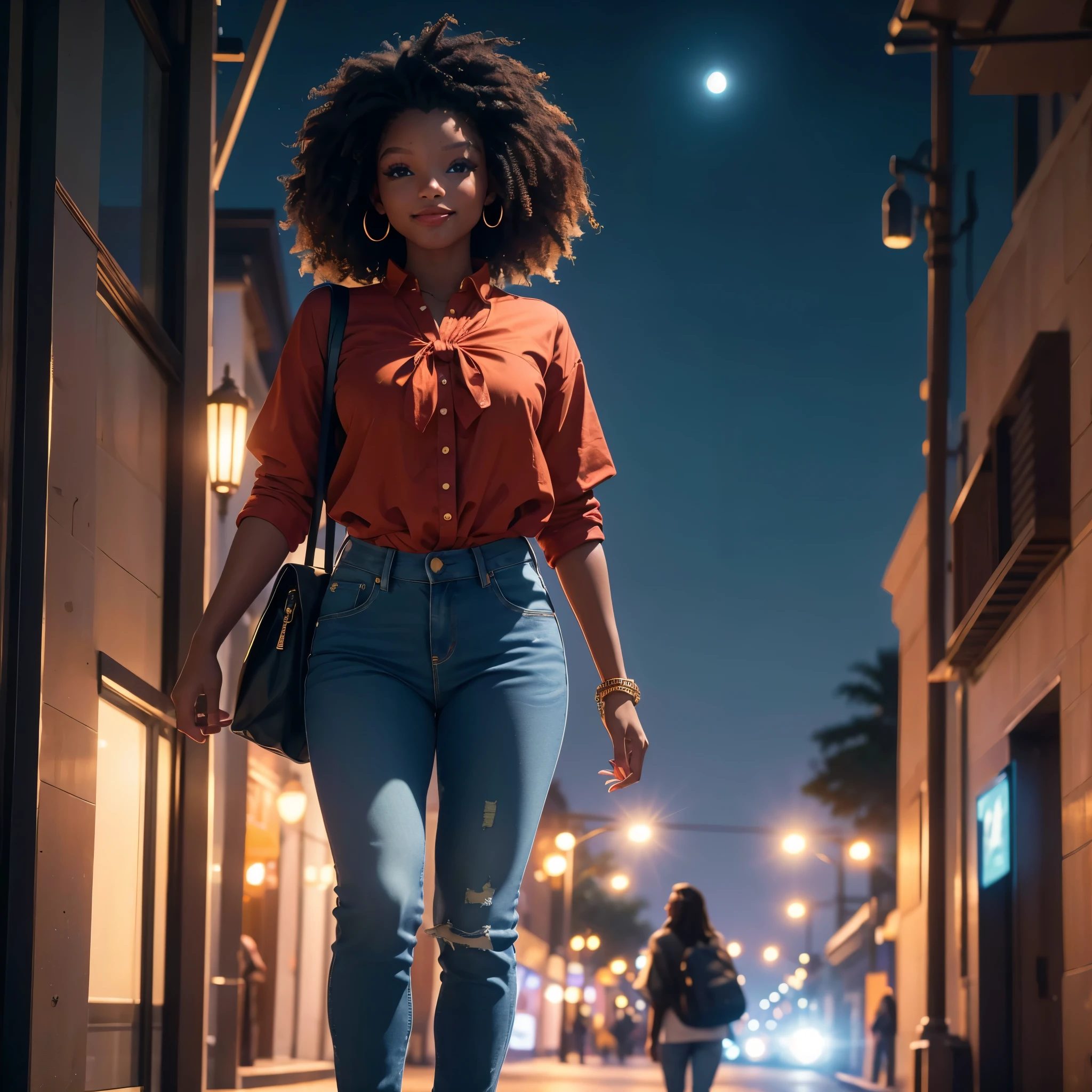 (best quality,4k,8k,highres,masterpiece:1.2),ultra-detailed, 1woman, Akan Goddess Onyame as a college student, hallebailey, West African features, Tall, Symmetrical face, smiling, looking at viewer, perfect stylish clothes, stylish jeans, Stylish blouse, Stylish purse, walking on college campus at night, bright blueish moonlight, HDR, 8k, absurdres, cinestill 800, sharp focus