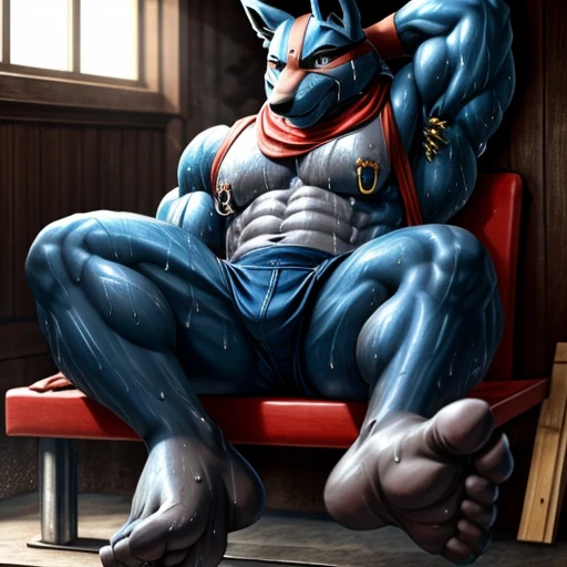 anthro lucario, big feet, plantigrade feet, swollen soles, growing feet, sweaty soles, sweating, sweat, grey soles, ((sweat dripping from soleig pecs, muscles, nipple piercing,