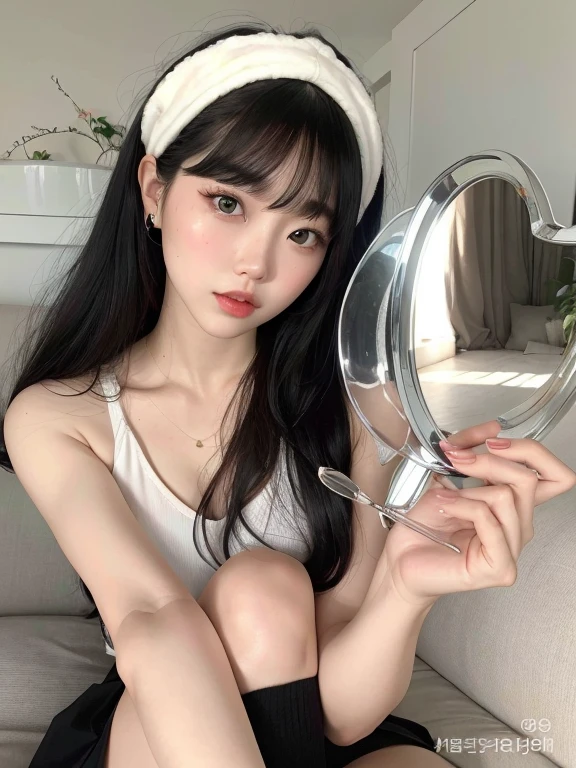 there a woman sitting on a sofa holding a mirror, ulzzang, foto de chica delgada, labios claros y de alta calidad, con un espejo, foto de chica delgada model, ella tiene el pelo negro con flequillo, sakimichan, maquillaje popular de corea del sur, pale milky white porcelain skin, muchacha coreana, cara linda y clara, chica joven y linda