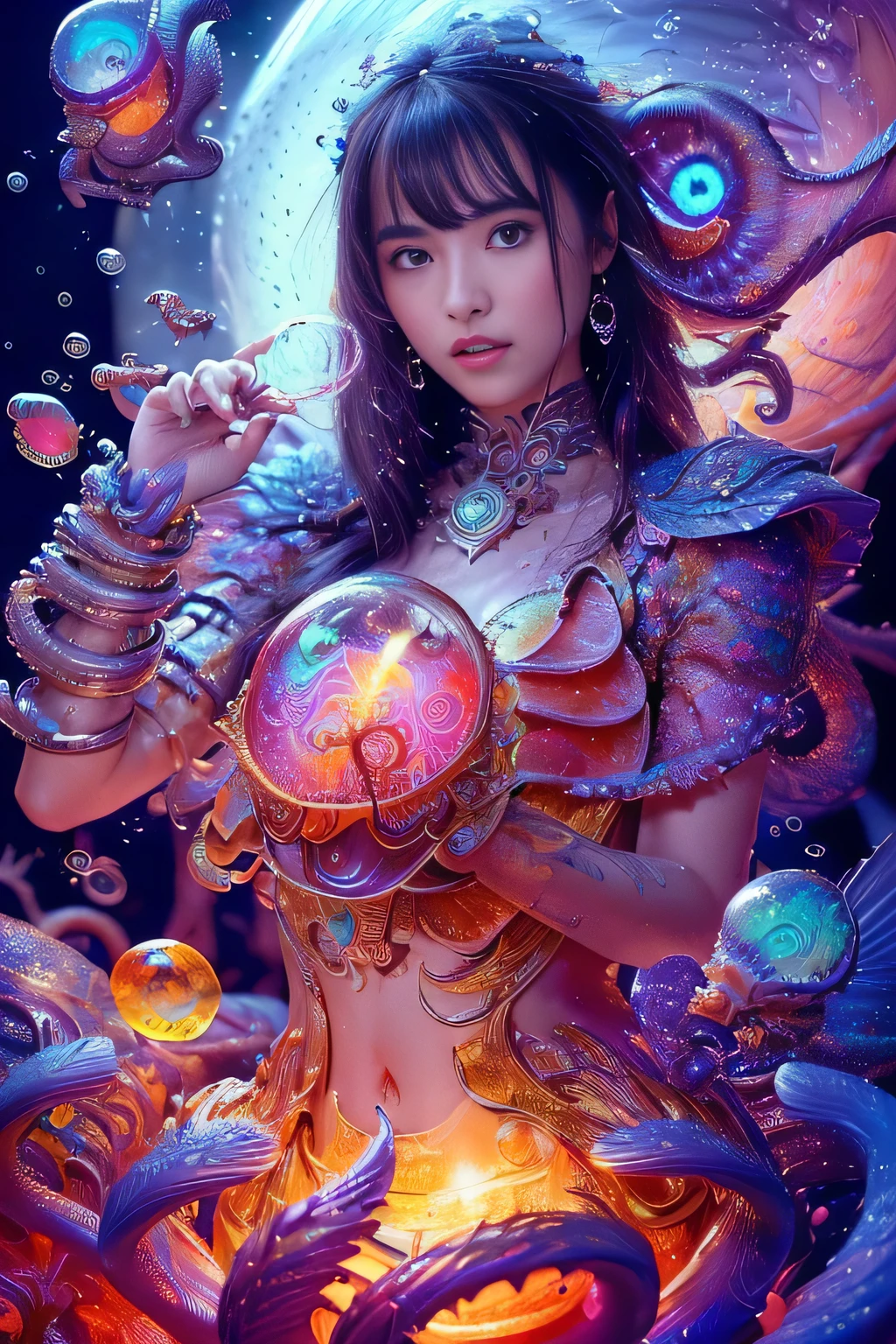 (((Dream world)))、((best quality))、((master piece))、((super resolution imaging))、detail、GdClth、（photo realism：1.4）、((surreal realism))、(((dream-like)))、((beautiful goddess))、((accurate anatomy))、((Phoenix))、((Peacock))、((moon))、(((rain)))、((thunder))、(((lightning)))、(((Bubble)))、(((Soap bubble)))、((nautilus))、((fish betta))、(((fantasy creation))) ，(((biopunk nautilus)))，(((thrilling color scheme)))，(((surreal realism)))，(((abstraction)))，(((psychedelia)))，(((A swirling image))), (((フラクタルアートのBubble))), (cowboy shot, wide shot,)、