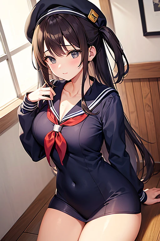 A high school girl wearing a tight sailor suit