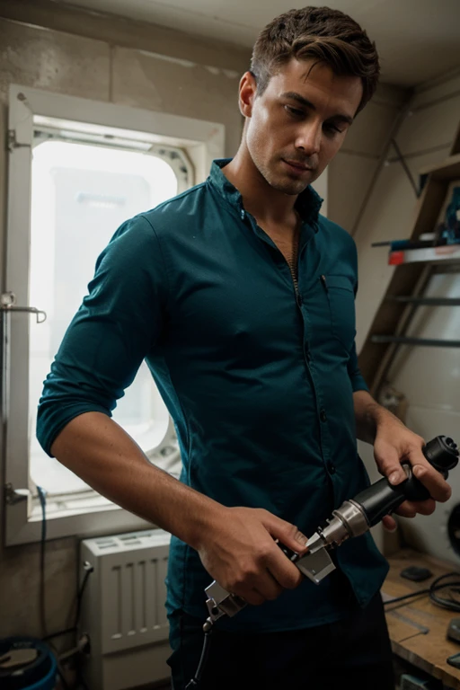 A handsome man repairing a spaceship with a cordless electric drill in a mysterious space.