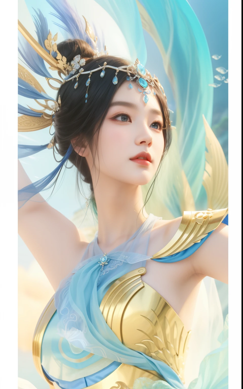 real person，Close-up of a woman wearing blue and dress, Queen of the Sea Mu Yanling, author：Yang Jie, Inspired by Lan Ying, beautiful fantasy queen, Very detailed artgerm, Ruan Jia and artgerm, like artjem, As seen on artgerm, beautiful youth spirit, Atjem and Ruan Jia