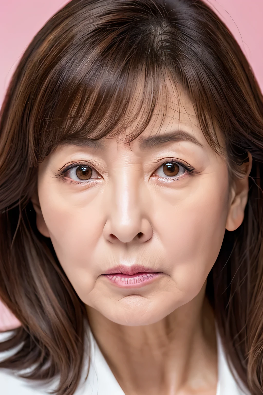 about to cry, troubled face, Japanese female, 55 years old, close-up of face, wrinkles at the corner of eyes, double folds, used to be an idol, cute, has bangs, fluffy permed hair, medium brown hair, troubled face, lowered eyebrows, full tear ducts, pink lipstick, pink blush.