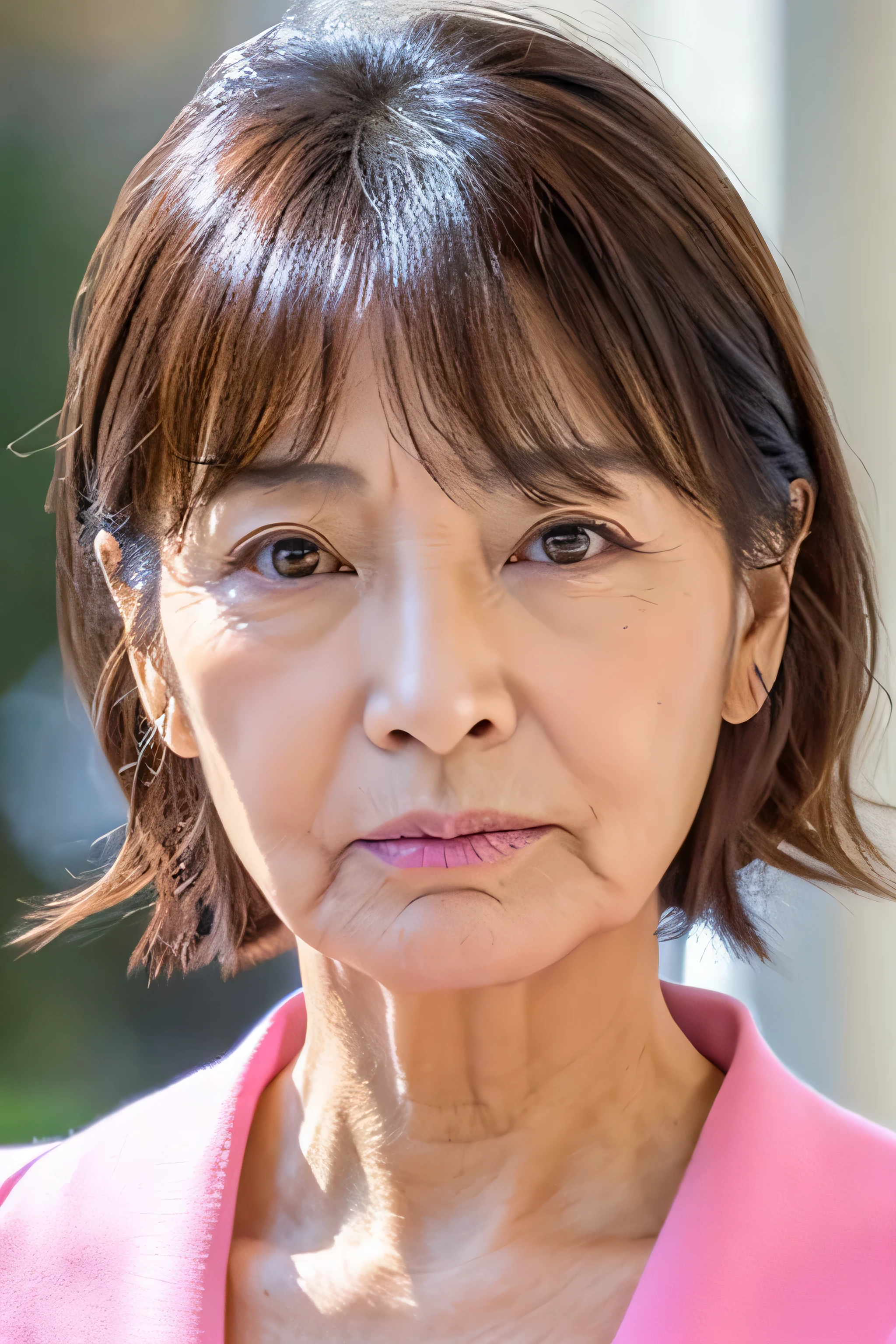 about to cry, troubled face, Japanese female, 55 years old, close-up of face, wrinkles at the corner of eyes, double folds, used to be an idol, cute, has bangs, fluffy permed hair, medium brown hair, troubled face, lowered eyebrows, full tear ducts, pink lipstick, pink blush.