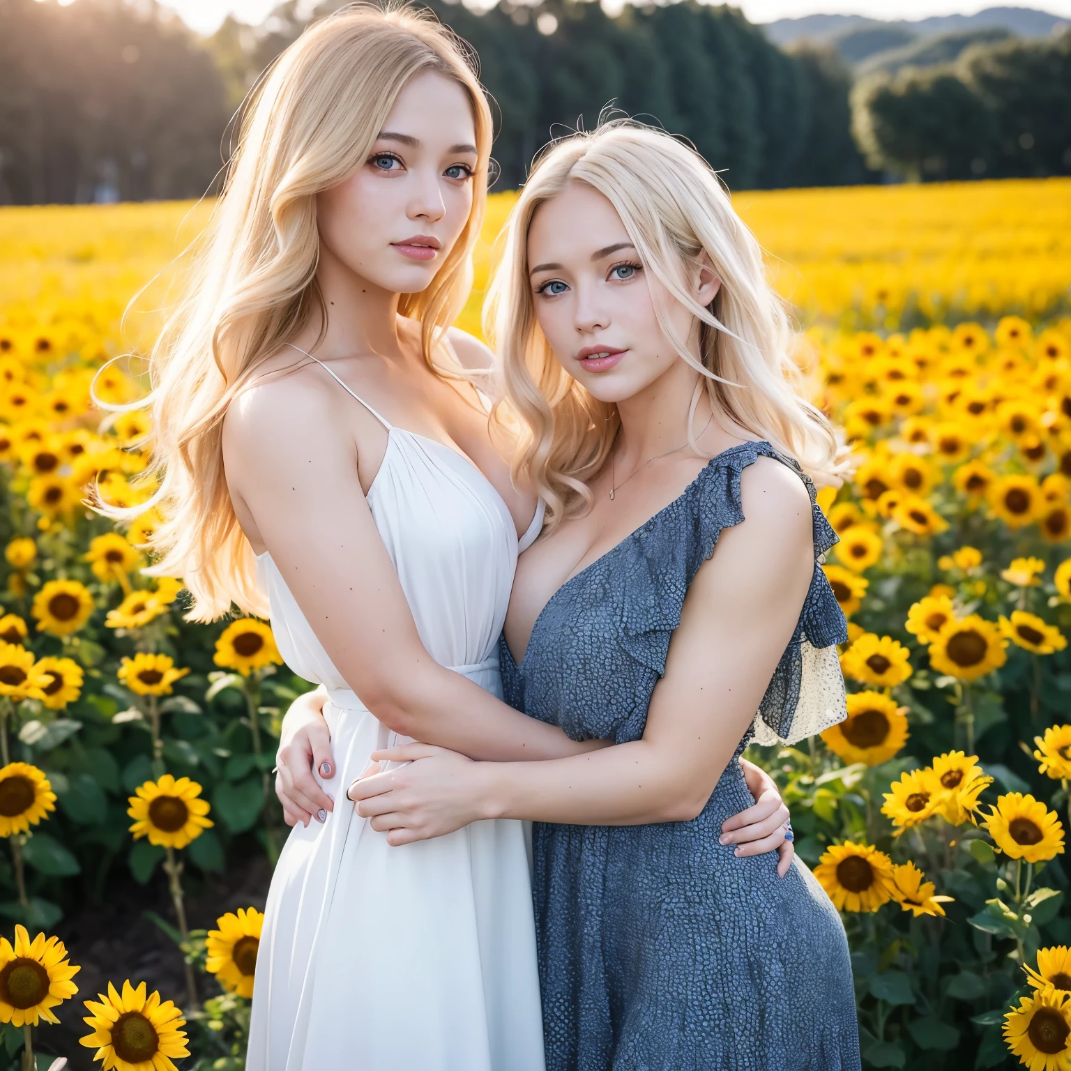 beautiful realistic woman in her thirties with freckles and blonde curls and skindetails in flower field during golden hour, skin with beautiful nostalgic mood and freckles with emotive face with wet skin and petals falling