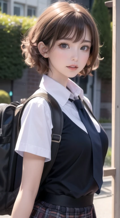 (best quality,4k,8k,highres,masterpiece:1.2),ultra-detailed,(realistic,photorealistic,photo-realistic:1.37),short-haired,1 girl,fluffy hair,curly hair,siblings,tsundere,short skirt,high school uniform,schoolgirl,tie,blushing,barely open mouth,(anger:1.1)from behind,pink hair,looking at the viewer,outdoors,backpack,sexy