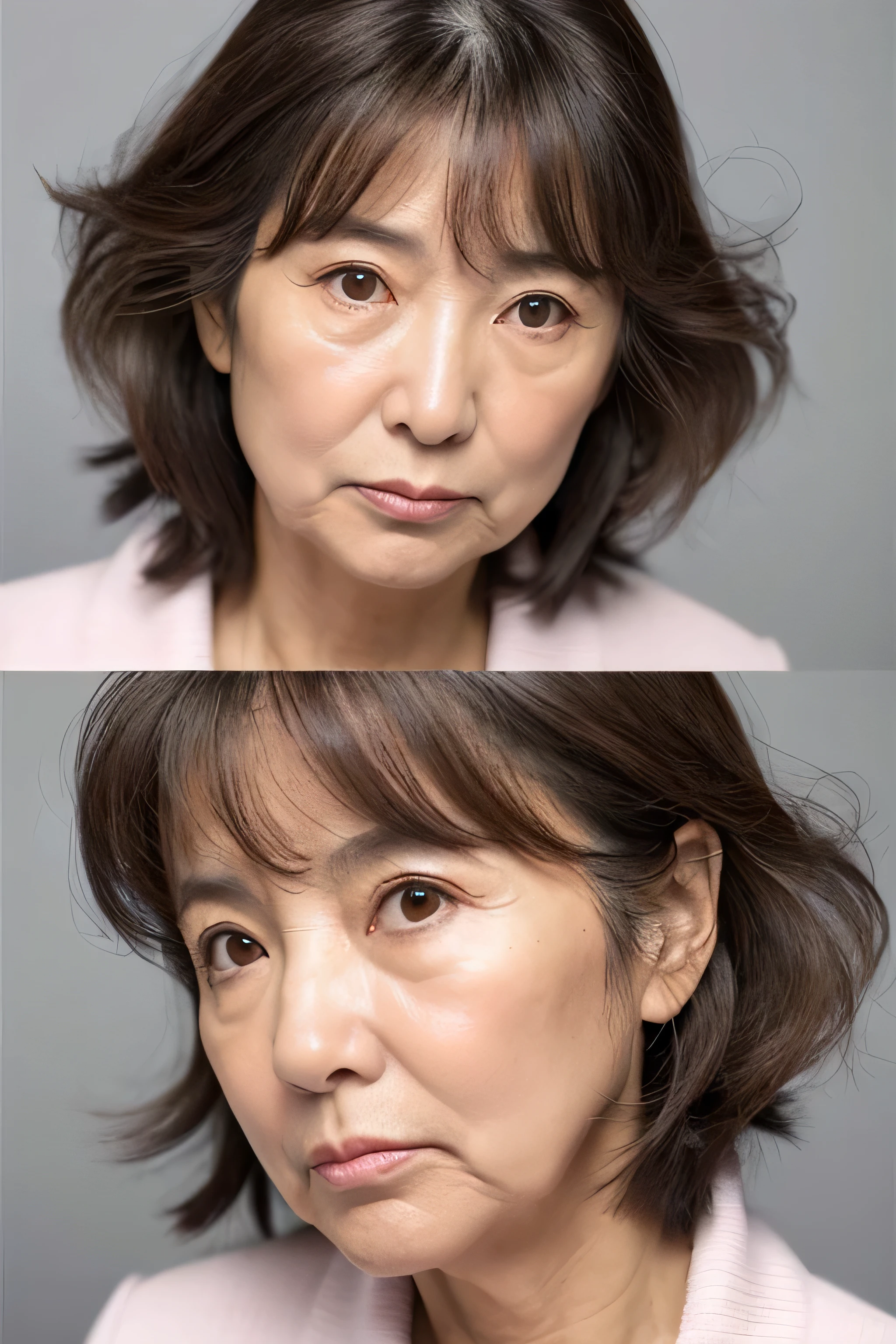 about to cry, troubled face, natural skin texture, gray background, Japanese woman, 55 years old, close-up of face, wrinkles at corner of eyes, double folds, used to be an idol, cute, has bangs, fluffy permed hair, medium brown hair, troubled face, lowered eyebrows, full tear pouch, pink lipstick, pink blush