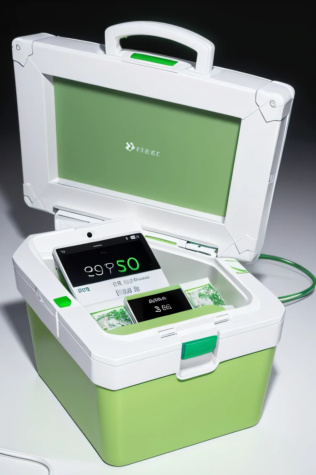 White and green smart medicine box, and stylish,sense of technology,Has a smart screen