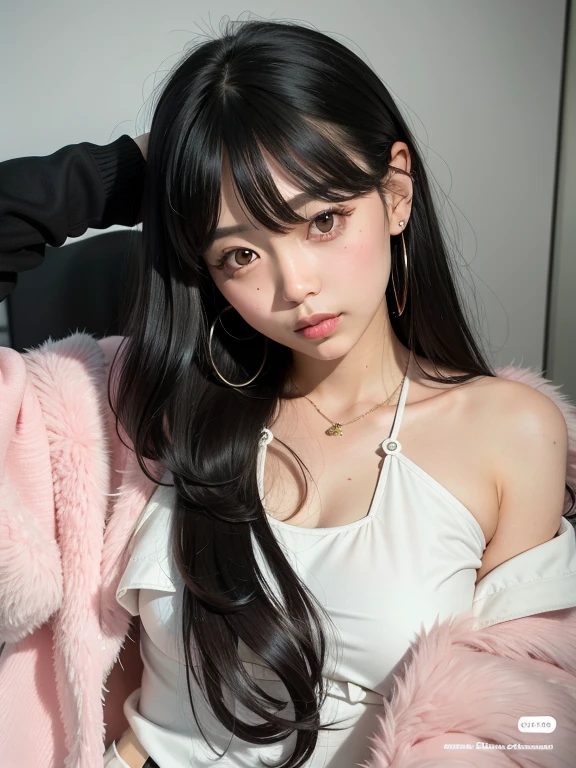 un primer plano de una mujer con cabello largo y vestido con un abrigo rosa, ulzzang, ella tiene el pelo negro con flequillo, pelo largo con flequillo completo, pelo largo con flequillo, pelo largo y oscuro con flequillo, flequillo largo y recto, pelo largo y negro con flequillo, sakimichan, pelo largo y blanco y flequillo, tendencia en cgstation, shikami