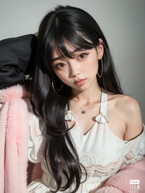 un primer plano de una mujer con cabello largo y vestido con un abrigo rosa, ulzzang, ella tiene el pelo negro con flequillo, pelo largo con flequillo completo, pelo largo con flequillo, pelo largo y oscuro con flequillo, flequillo largo y recto, pelo largo y negro con flequillo, sakimichan, pelo largo y blanco y flequillo, tendencia en cgstation, shikami