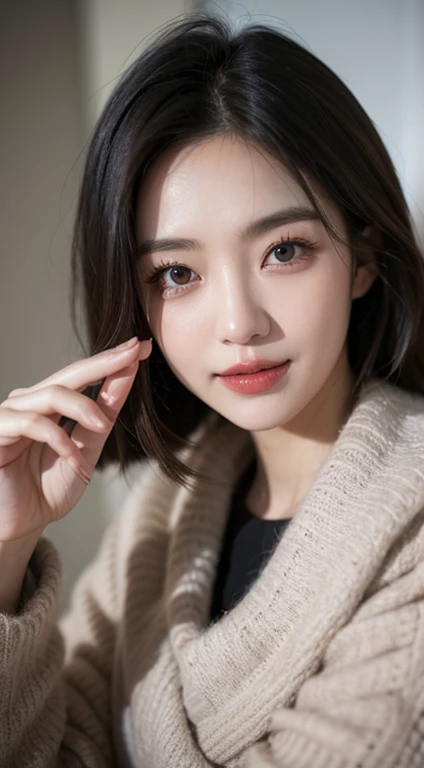 realistic, high resolution, 8k wallpapers, Complete dynamic configuration, beautiful detailed eyes, normal sized eyes, long straight hair, gray colored hair, vibrant lips, big bust, Random and plain generic poses, random case, winter costumes, smile, 40yearsold, Korean woman, (drooping eyes 1.2), The ends of the eyebrows droop slightly, very beautiful appearance, natural makeup, beautiful body, Selfie