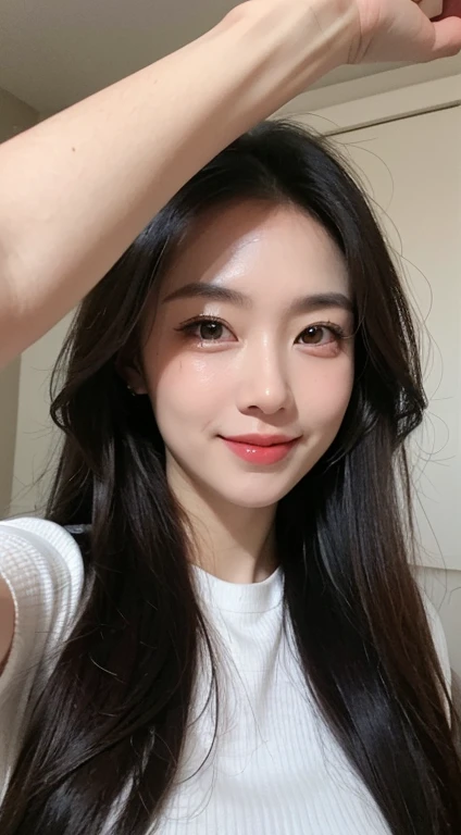 realistic, high resolution, 8k wallpapers, Complete dynamic configuration, beautiful detailed eyes, normal sized eyes, long straight hair, gray colored hair, vibrant lips, big bust, Random and plain generic poses, random case, winter costumes, smile, 40yearsold, Korean woman, (drooping eyes 1.2), The ends of the eyebrows droop slightly, very beautiful appearance, natural makeup, beautiful body, Selfie