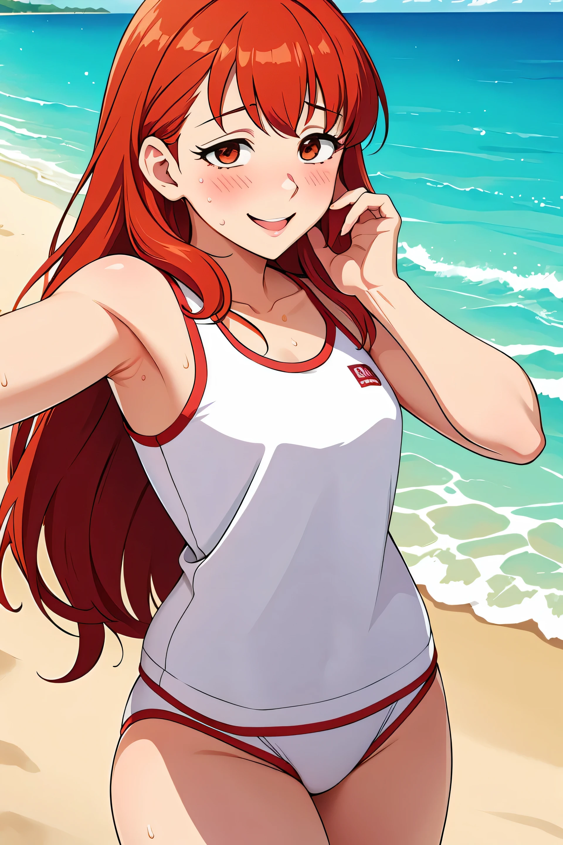 Anime style, Painting, absurderes、perfect anatomia、Hani、long hair, beach on the background, red blush, smile, redhead, red hairs, armpit, 40 years old, sweating