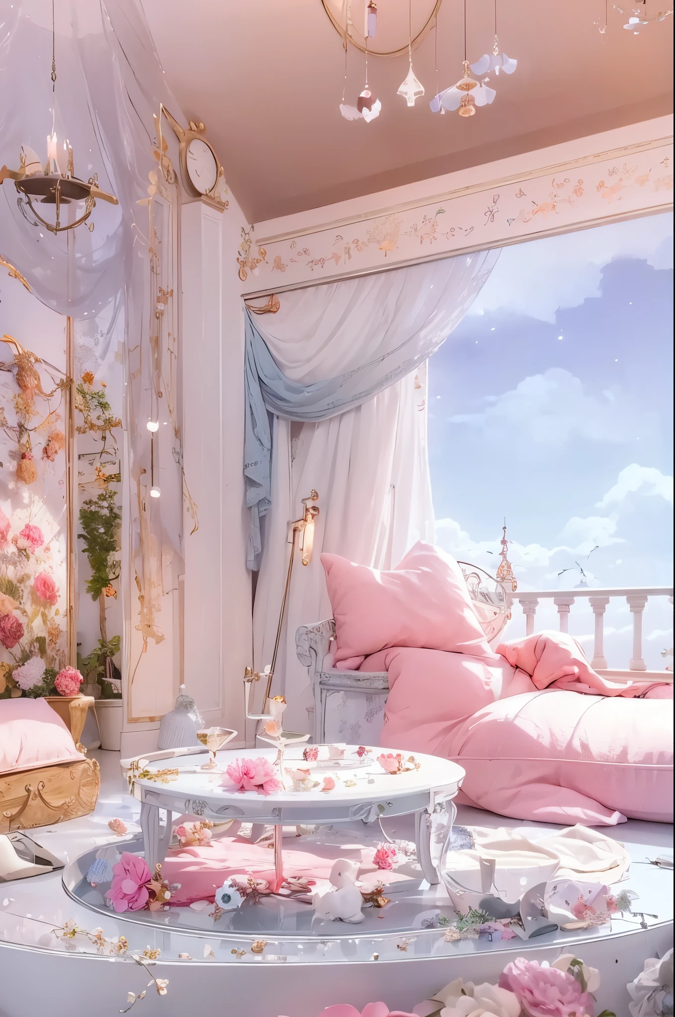 There  a room with a table, Chair, and a birdcage, palace background, Fairy tale style background, Highly detailed scenes, personal room background, Dreamy and detailed, anime background art, anime background, Beautiful fairy tale rendering, Anime beautiful peaceful scene, Colorful anime movie background, beautiful anime scene, Relaxation concept art, dream aesthetics, anime aesthetics, bedroom background