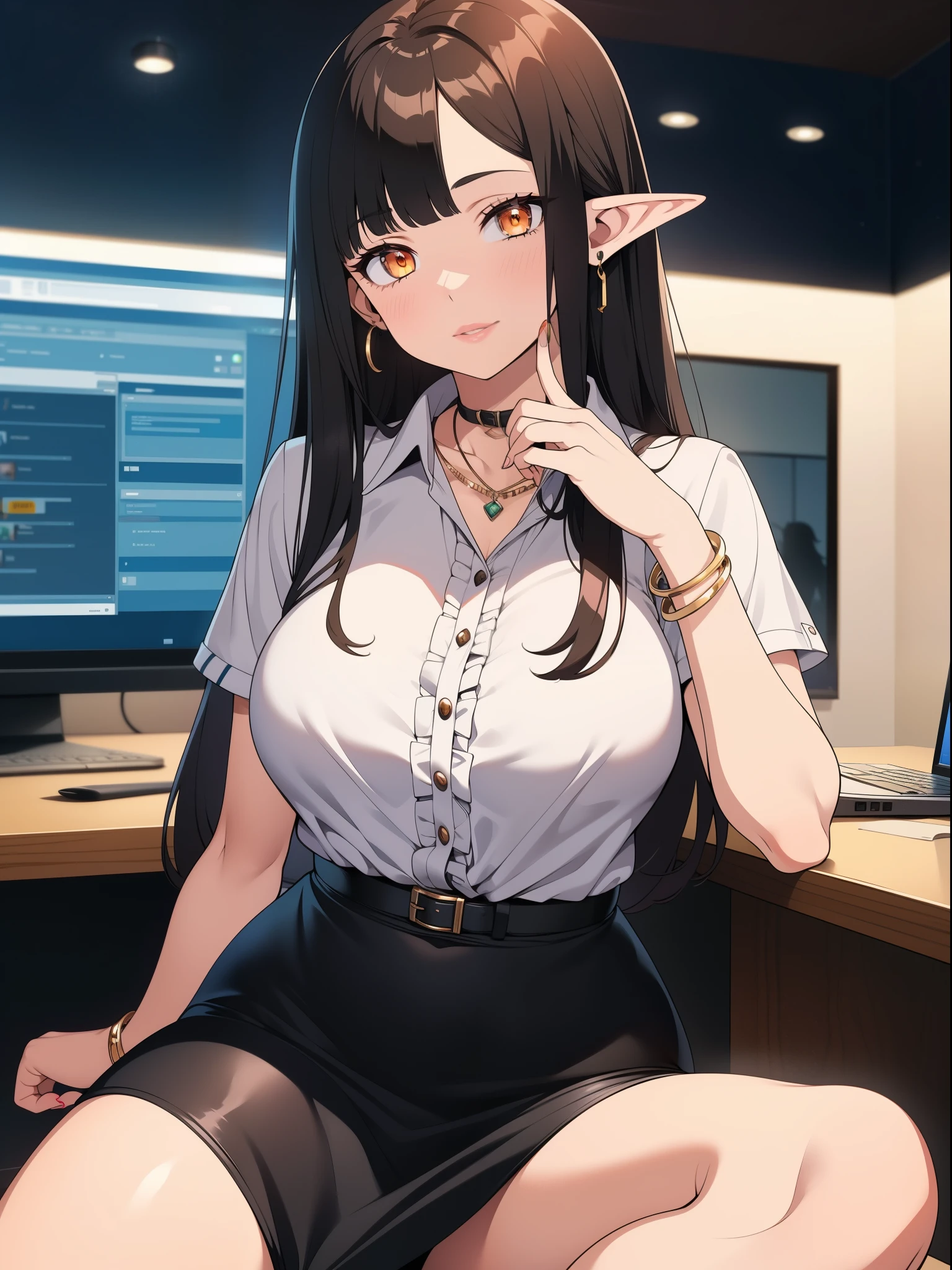 work of art, best qualityer, ultra detali, illustration, colorfully, flat colour, Depth of field, 1 girl, sitting down, Bblack hair, horns on head, Eyes red, , gazing at viewer, in the office, black business dress, pantyhose, black pantyhose, Detailed texture skin, detailed cloth texture, beautifull detailed face,Grinning,face red,blushed,legs crossed,big breasts,black highheels,fully body
