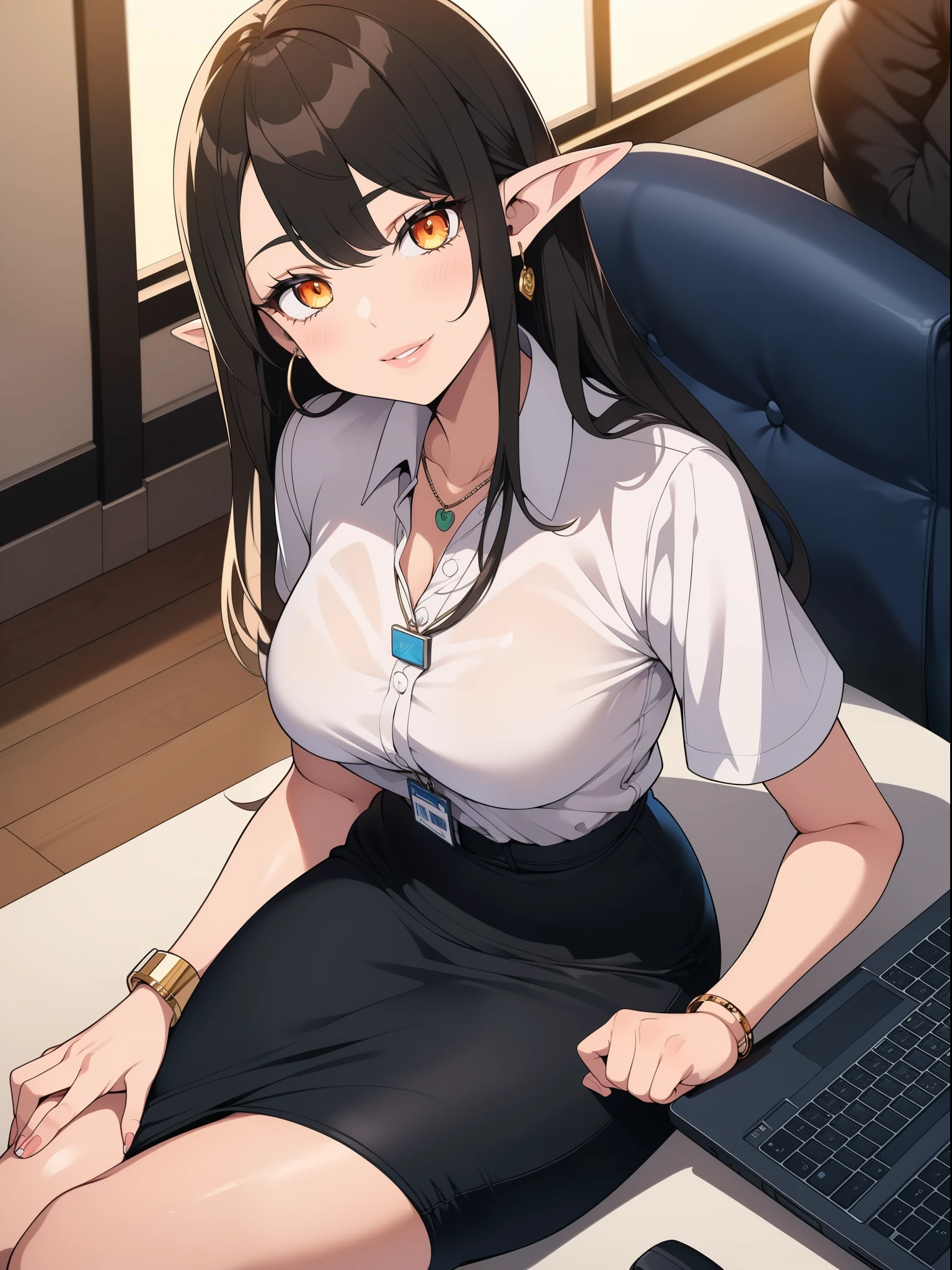 1 girl, alone, brown hair, orange eyes, thick lips, long hair, collared shirt, short sleeves, frills on shirt, Holding a closed laptop , buckle, hourglass figure, Willow Yao, indoors, faint smile, permanent, split, pencil skirt, Detailed face and eyes, Raise your legs high, asymmetrical bangs, earrings, actual, (Visual Novel Elf), head tilt, Lovely, Lovely姿势, jewelry, bracelet, necklace, center, female office worker, open shot, There's space above her head, Detailed background, medium