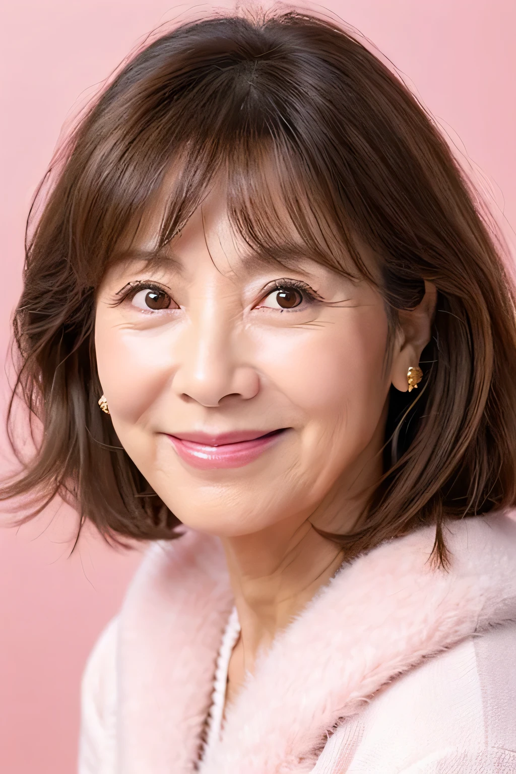 Smiling, front view, cute smile, natural skin texture, pink background, wearing white fur coat, Japanese woman, 55 years old, close-up of face, wrinkles at corner of eyes, double folds, used to be an idol, cute, has bangs, fluffy permed hair, long brown hair, full tear pouch, lipstick, blush