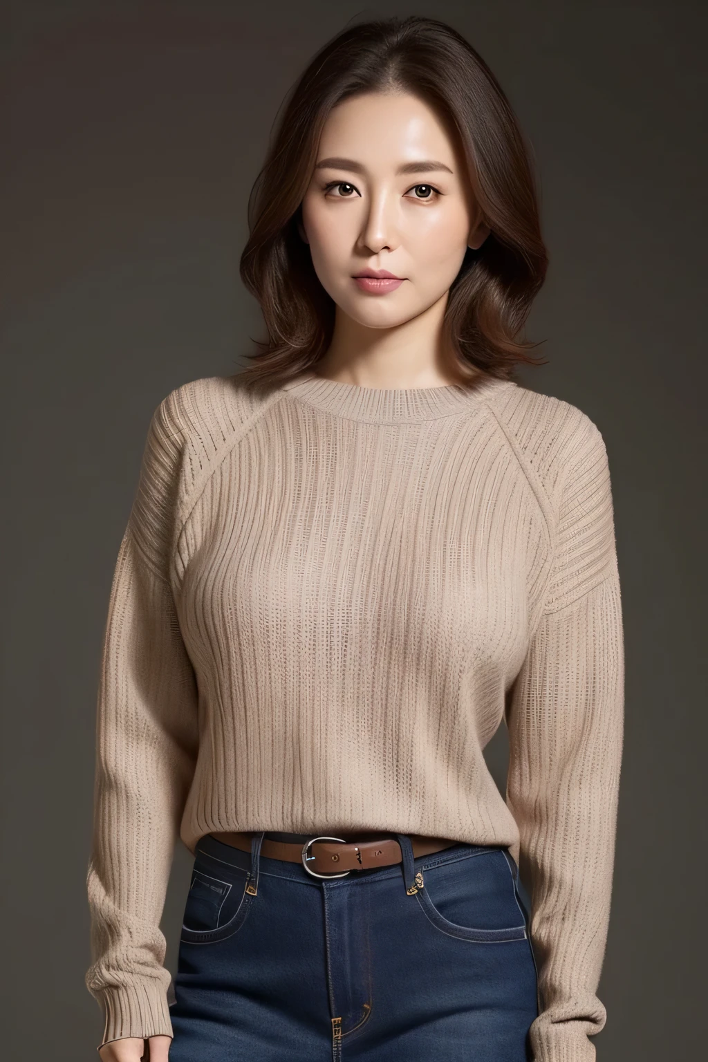 High resolution、High level image quality、high detail、masterpiece、textured skin、anatomically accurate、sharp、gray background((japanese mature、20-year-old))、solo、((facial wrinkles))、Big breasts and good shape、Straight light brown hair that reaches to the shoulders、Chubby body type(((Stand upright facing the center of the screen)))、Close your mouth and look straight ahead with a serious face、sweater、The skirt is、((cowboy shot))、