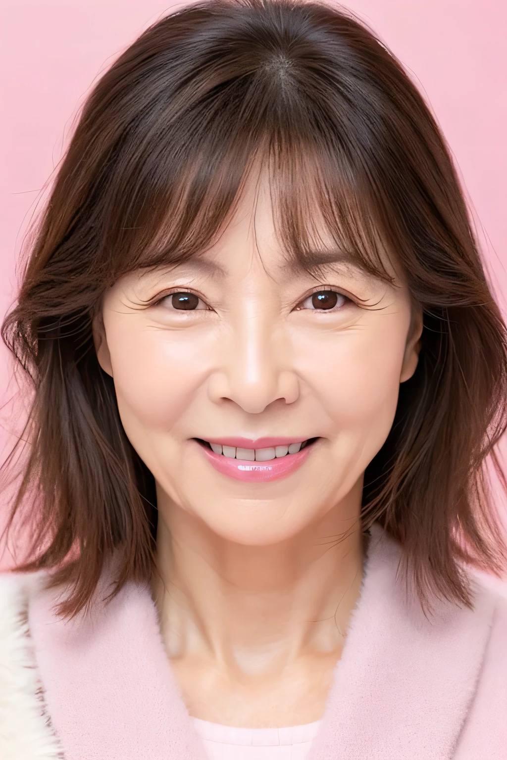 Smiling, front view, cute smile, natural skin texture, pink background, wearing white fur coat, Japanese woman, 55 years old, close-up of face, wrinkles at corner of eyes, double folds, used to be an idol, cute, has bangs, fluffy permed hair, long brown hair, full tear pouch, lipstick, blush