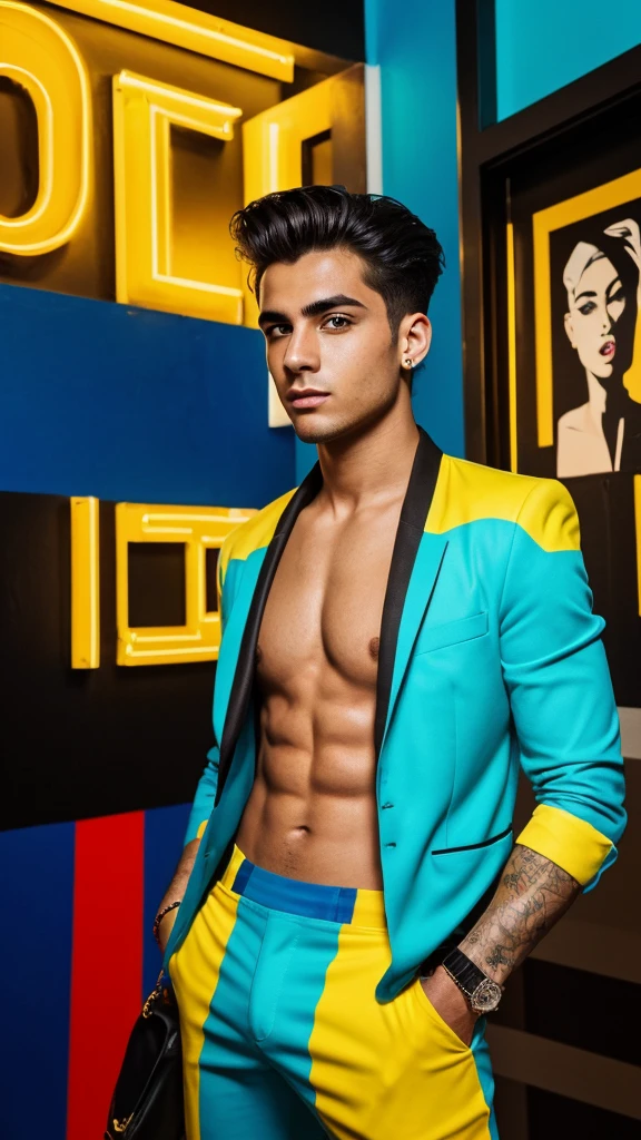 portrait of young spanish man full body shot,realistic light smile,short hairs,stylish,night time,casual wear,handsome features,intense gaze,vibrant colors,urban background,confident pose,graffiti art,city lights,contemporary style,mischievous expression,shadows and highlights,high contrast,moody atmosphere,lively energy,spirited personality,sleek appearance,subtle details,pop art influences,sophisticated charm,expressive eyes,dynamic composition,youthful charisma,stunning visual impact,impeccable skin texture,playful allure,meticulous attention to facial features,striking personality,impressive realism,impressive lighting effects,stylish outfit,attention to fashion trends,artistic flair,unique and captivating