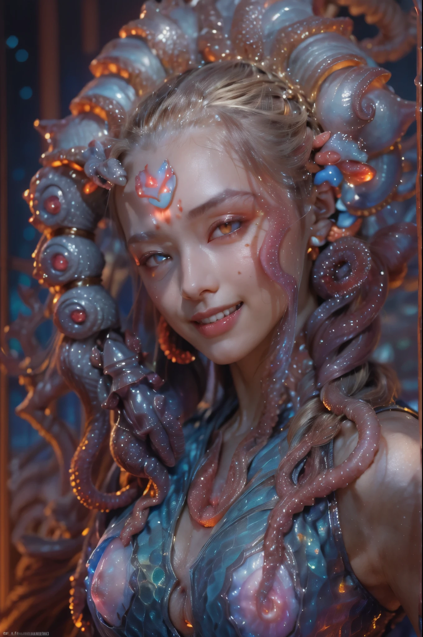 scary and sexy detailed art in color, Portrait, (beautiful and obscene female alien:1.4), (vulgarity1.5), (she has red eyes with no pupils:1.8), (Translucent skin:1.7), ((There is a female genital-like organ in the middle of the forehead:1.9)), (The most beautiful face in the history of the universe:1.2),an evil gaze that seduces, (large mouth:1.1), (sharp teeth like a vampire:1.2), Full body portrait, (bio luminescent:1.5), (Smile wickedly:1.3), (sexypose:1.5), incredibly beautiful alien, (she has unparalleled beauty:1.5), No humans, cells are fused, (Lots of translucent tentacles:1.3) extraterrestrial, cell, bio image, best quality, 8K,In 4K_quality, High freshness, Dramatic Lighting, masutepiece:1.5,cinematic quality, detail up, (exquisite details:1.2), high resolution, High freshness, drawing faithfully, (Thick eyebrows:1.2), Beautiful eyes with fine symmetry,(Highly detailed face and eyes:1.2), Intimate face, (Super detailed skin quality feeling:1.4), perfect anatomy, (Beautiful toned body:1.5), (Moist skin:1.2), not wearing makeup, (dark circles:1.1), long canines, cinematic drawing of characters, ultra high quality model, cinematic quality, detail up, (exquisite details:1.2), high resolution, High freshness, drawing faithfully, official art, Unity 8K Wall , 8K Portrait, best quality, Very high resolution, ultra detailed artistic photography, midnight aura, unreal engine 5, Ultra Sharp Focus, art by Amano Yoshitaka, ArtGerm, Roisch, intricate artwork, best quality, masterpiece, ultra high resolution, (photos realistic:1.4), ultra realistic realism, dream-like, nautilus, Creation of fantasy, Snail, Dream Snail, (biopunk nautilus:1.3),Thrilling color schemes, ultra realistic realism, seductively smiling, Blue tentacles,