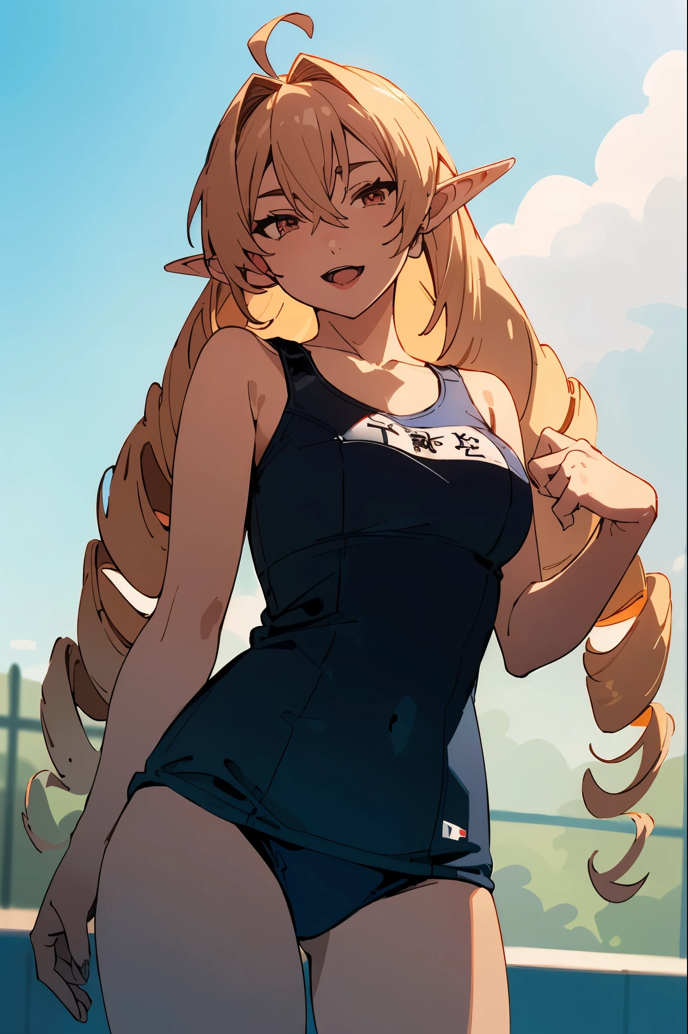 ,super detailed skin,smile,open mouth,day,sunshine ,direct light,sunlight,lighting forward,lighting front,spot light,(((school swimsuit,school pool ,in the water,swimming ))),looking at viewers
best quality, High resolution,(Illustration:0.8), ((Beautiful detailed eyes:1.6)), extra detailed face, extremely details CG, (Perfect hands, Perfect Anatomy),masterpiece,perfect anatomy,anime keyvisual, geme cg,(((blonde hair, very long hair,pointy ears,twin drills,red eyes,ahoge,elf,drill hair,hair between eyes,bangs,hair intakes,hair behind ear))),cowboy shot,slim thighs ,