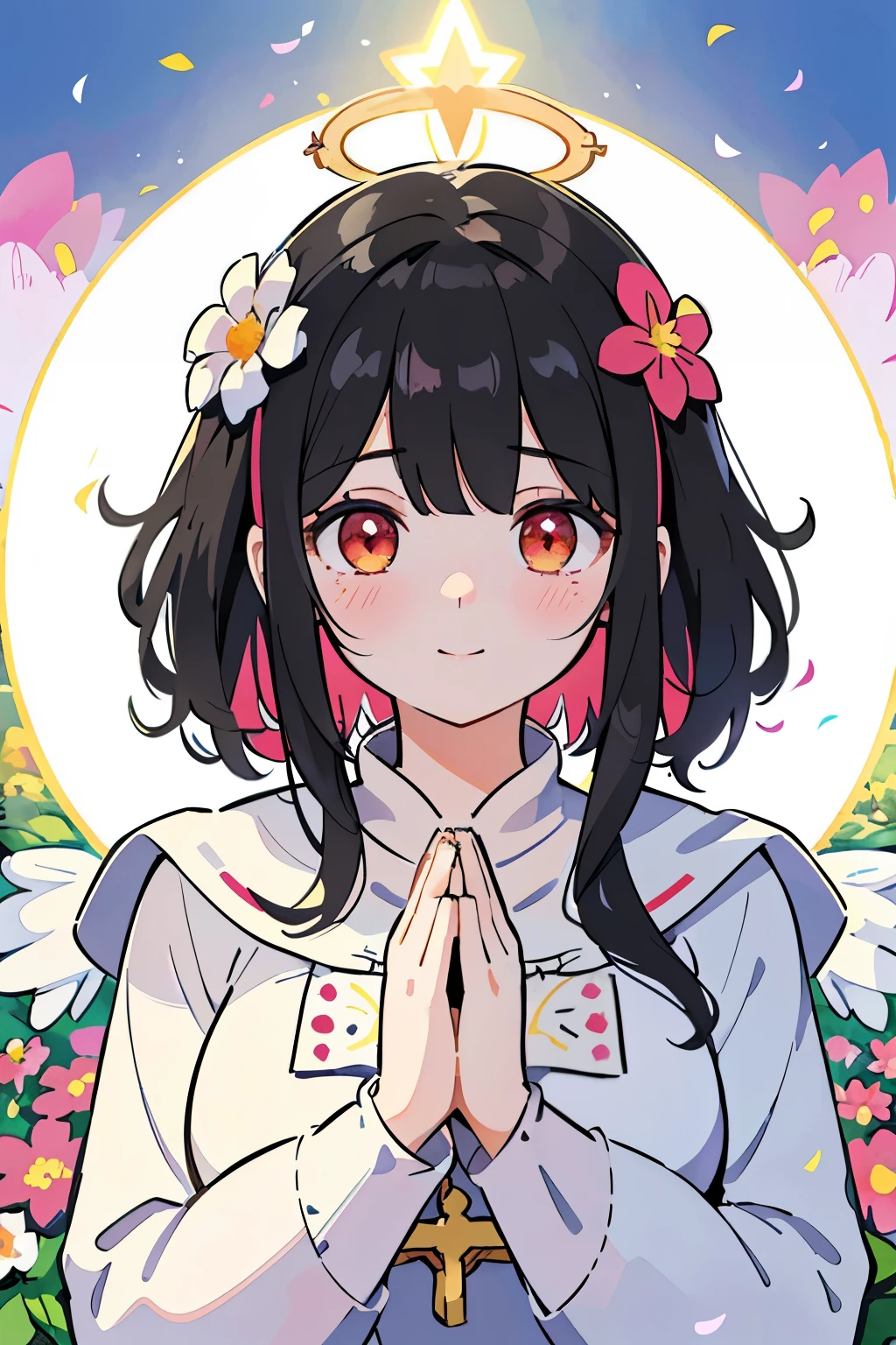  (highest quality), (Super detailed), (whole body: 1.2), 1 girl,cute, (complicated expression),Cute smile,(Soft smile),(A colorful and cute flower garden:1.3),(Priestess's clothes:1.5),blush,(black hair:1.3),(red eyes:1.2),(Fluffy short hair with a lot of hair),(Fluffy curly hair), (detailed face), Beautiful and detailed eyelid body,(Prayer pose at the shrine:1.3),(close up of face:1.2),(colorful flower blizzard:1.2),(Praying:1.3),(protruding breasts:1.4),(Beautifully shaped breasts),(A beautiful halo is shining:1.4),