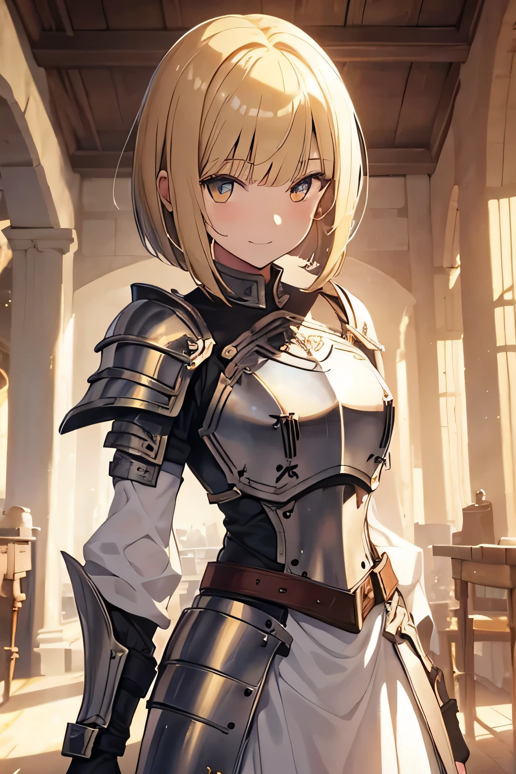 cowboy shot((no hat :1.3)),1girl,golden eyes,blonde hair,bob cut,blunt bangs,{Paladin},white {armored dress},plate armor,light smile,medieval fantasy